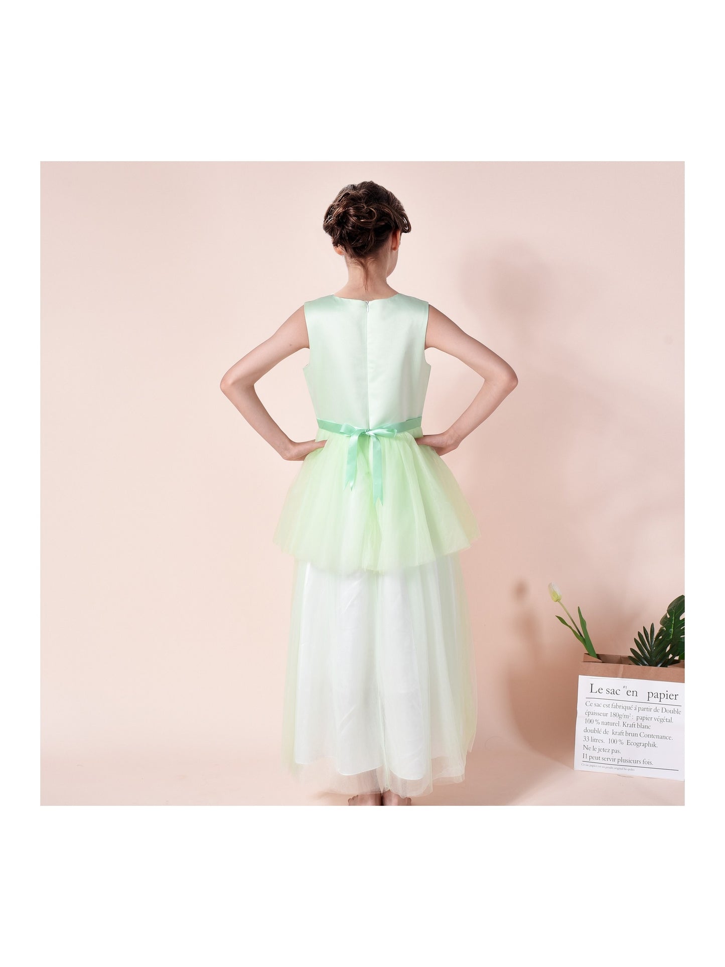 Girls Champagne Dress Sleeveless Floral Lace Calf Length Party Formal Dress Green