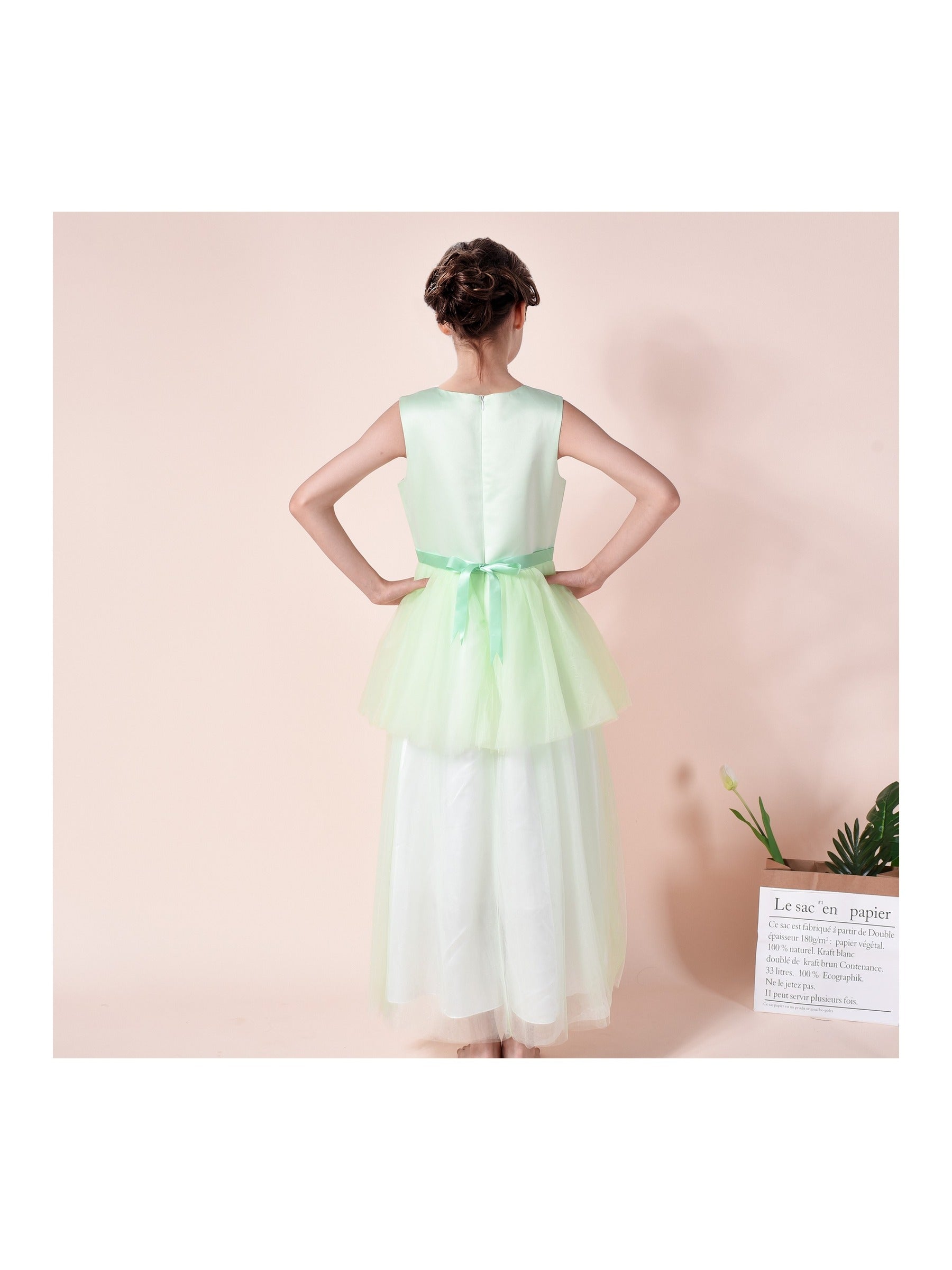 Girls Champagne Dress Sleeveless Floral Lace Calf Length Party Formal Dress Green