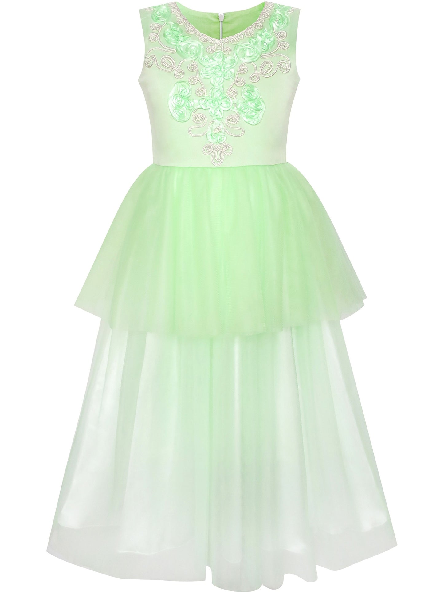 Girls Champagne Dress Sleeveless Floral Lace Calf Length Party Formal Dress Green