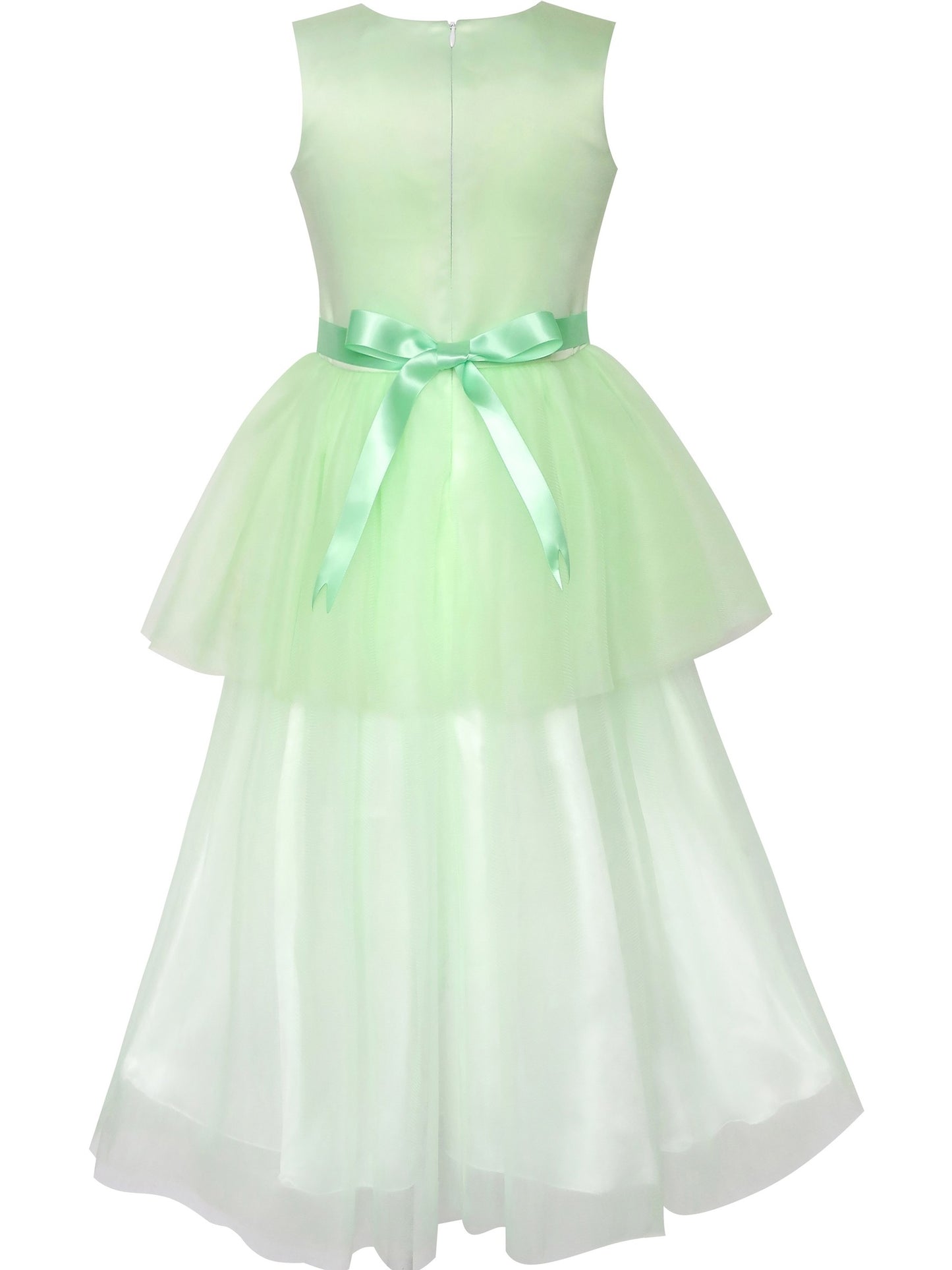 Girls Champagne Dress Sleeveless Floral Lace Calf Length Party Formal Dress Green