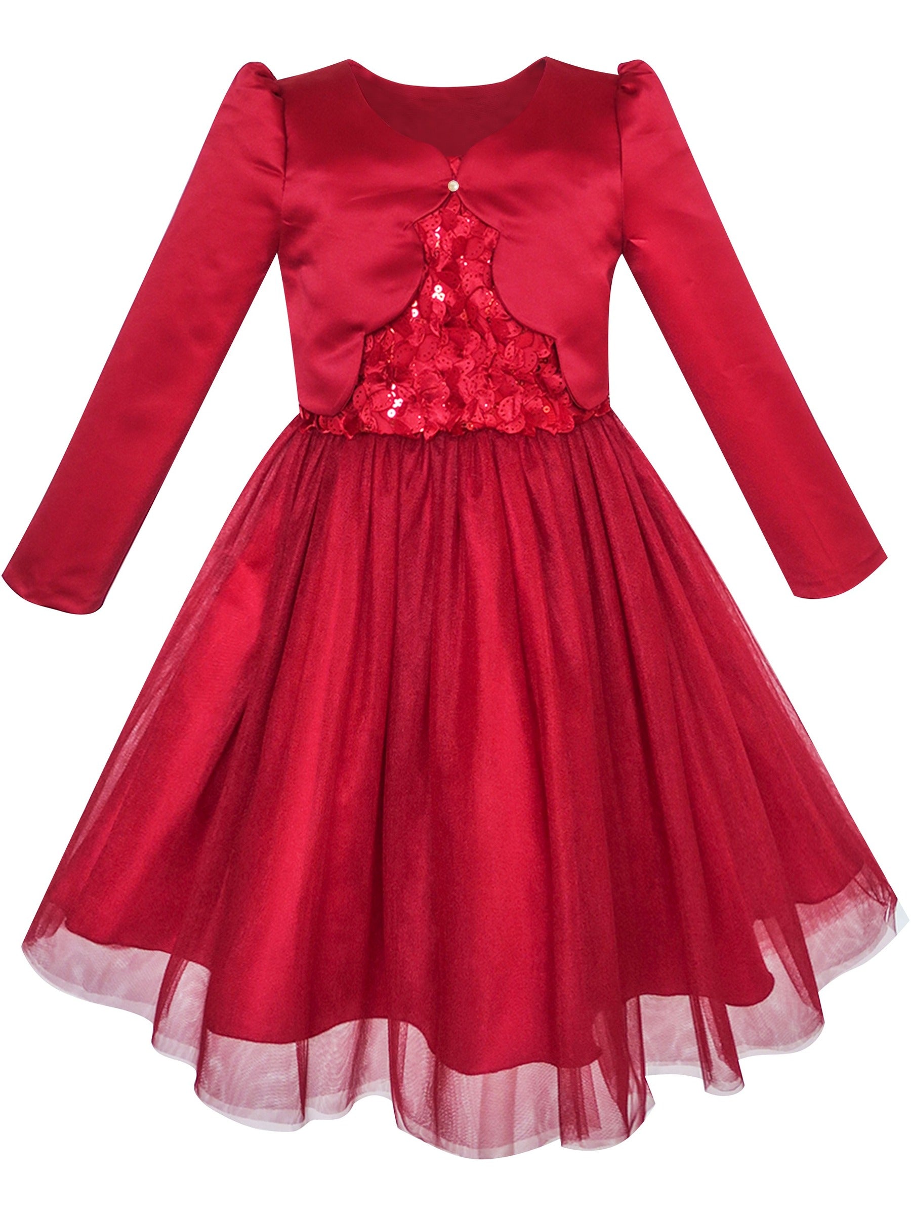 2 Piece Set Flower Girls Dress Long Sleeve Shrug Bolero Red