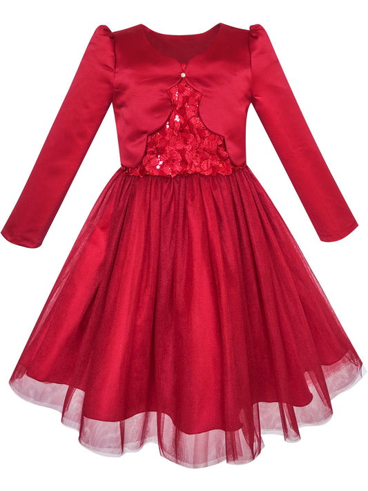 2 Piece Set Flower Girls Dress Long Sleeve Shrug Bolero Red