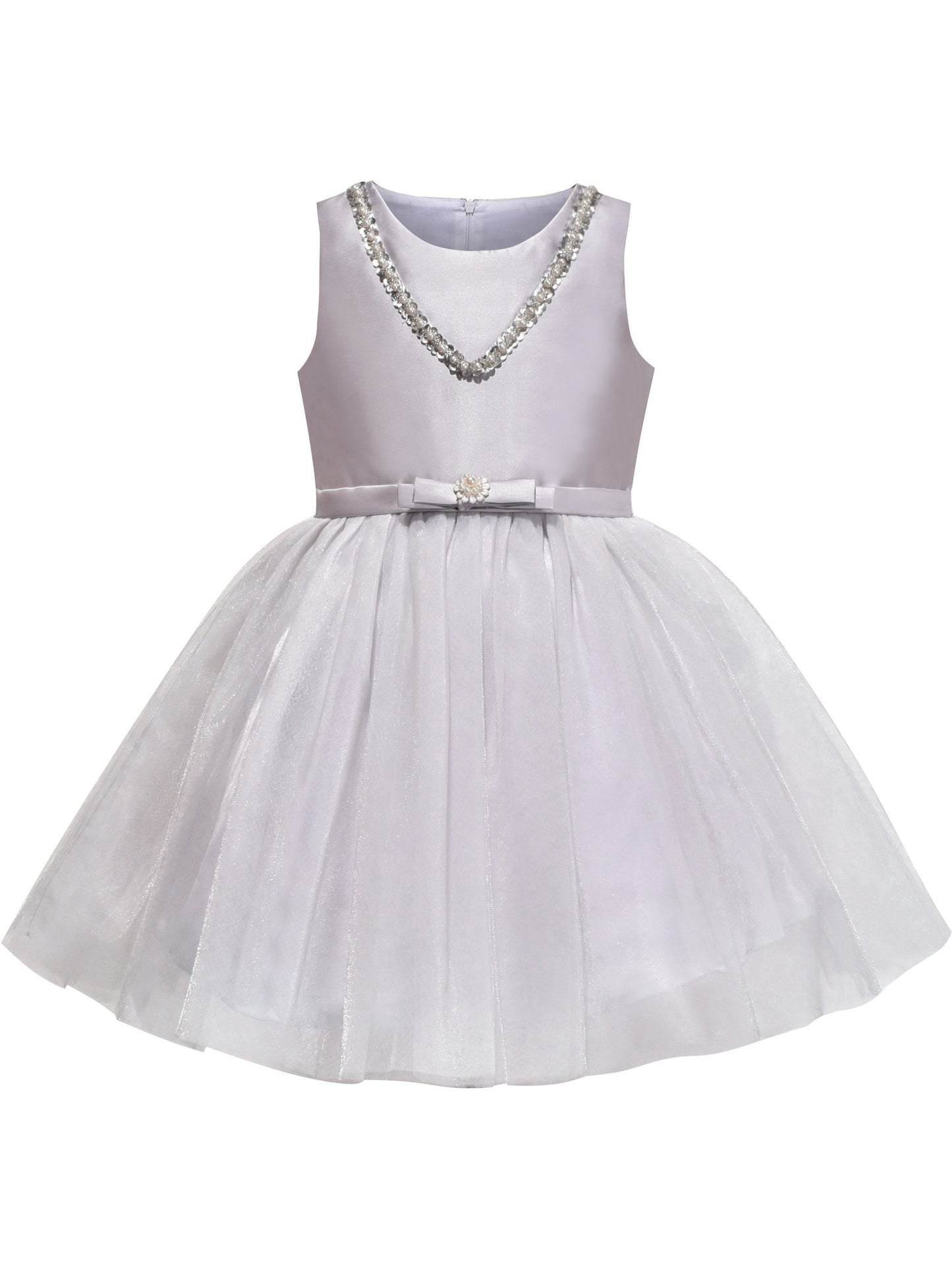 Girls Dress Tulle Lace Embroidered Flower Trim with Beading Gray
