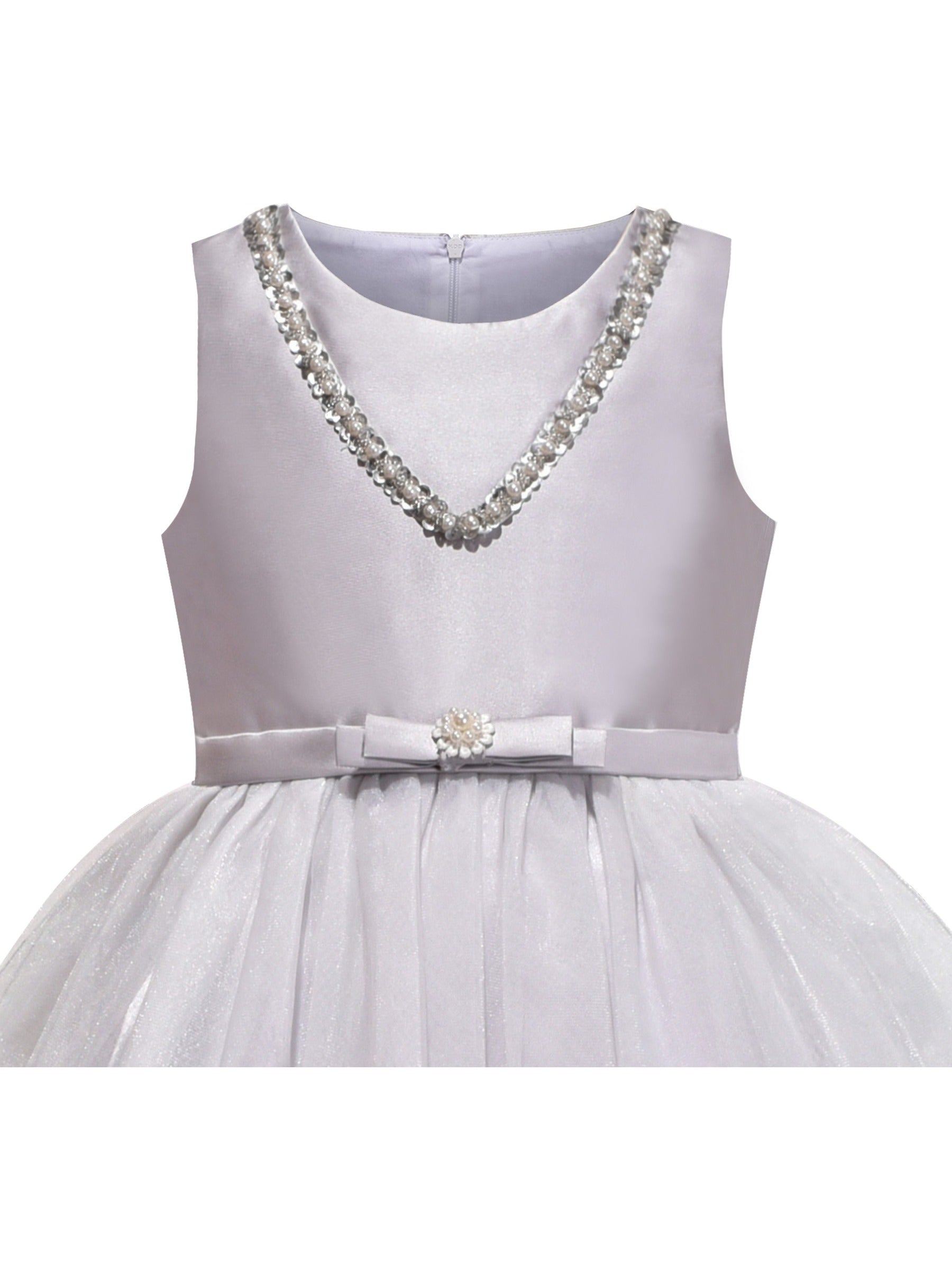 Girls Dress Tulle Lace Embroidered Flower Trim with Beading Gray