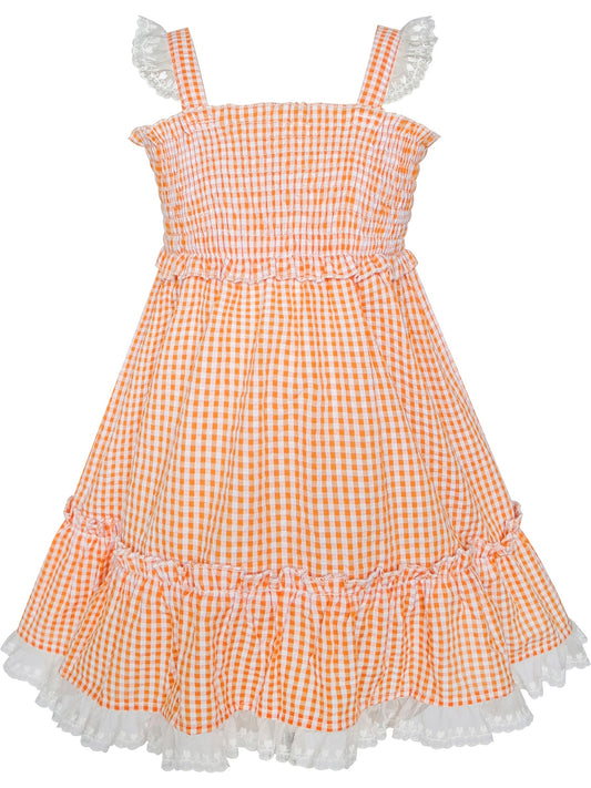 Girls Dress Green Tank Smocked Ruffle Skirt Sundress Orange