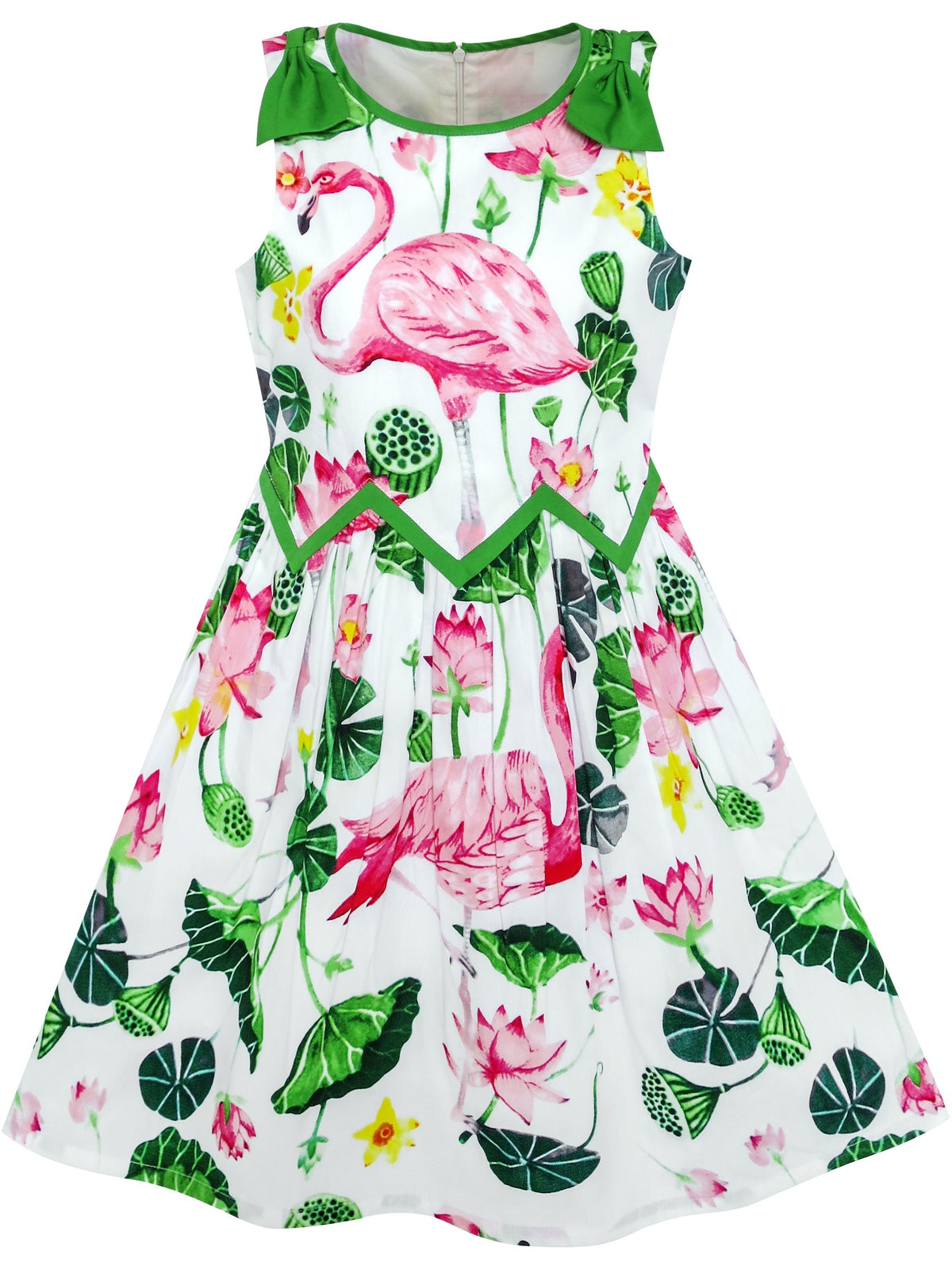 Girls Dress Yellow Pink Rose Flower Chevron Waist Bow Tie - Green (LG71-P)