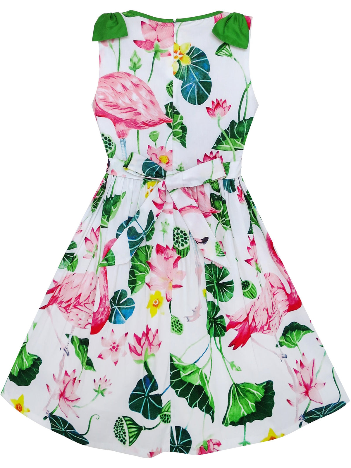 Girls Dress Yellow Pink Rose Flower Chevron Waist Bow Tie - Green (LG71-P)
