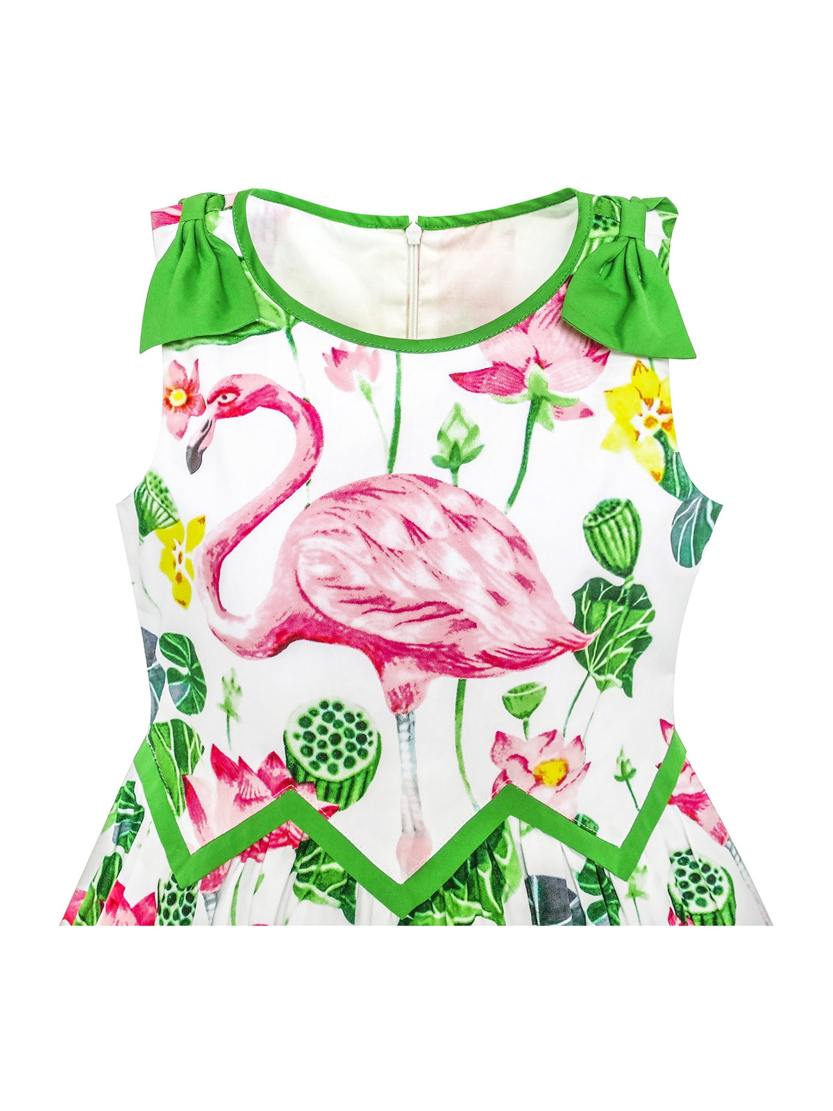 Girls Dress Yellow Pink Rose Flower Chevron Waist Bow Tie - Green (LG71-P)