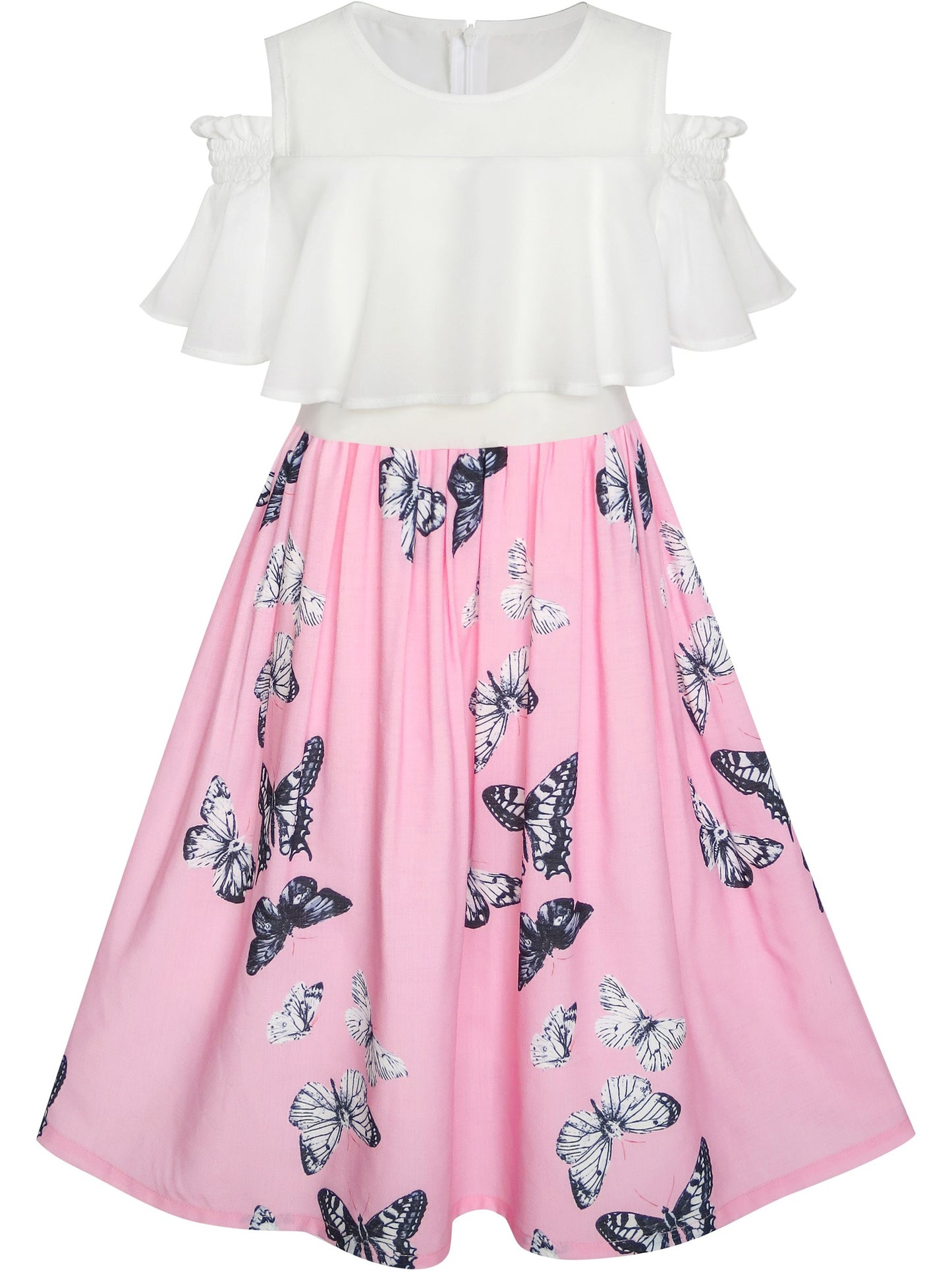 Girls Dress Chiffon Tulip Flower Ruffle Cold shoulder White Pink Pink