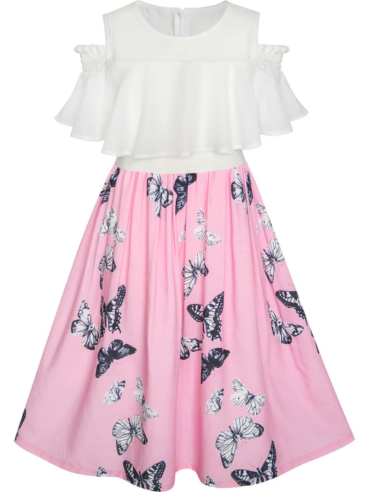 Girls Dress Chiffon Tulip Flower Ruffle Cold shoulder White Pink Pink