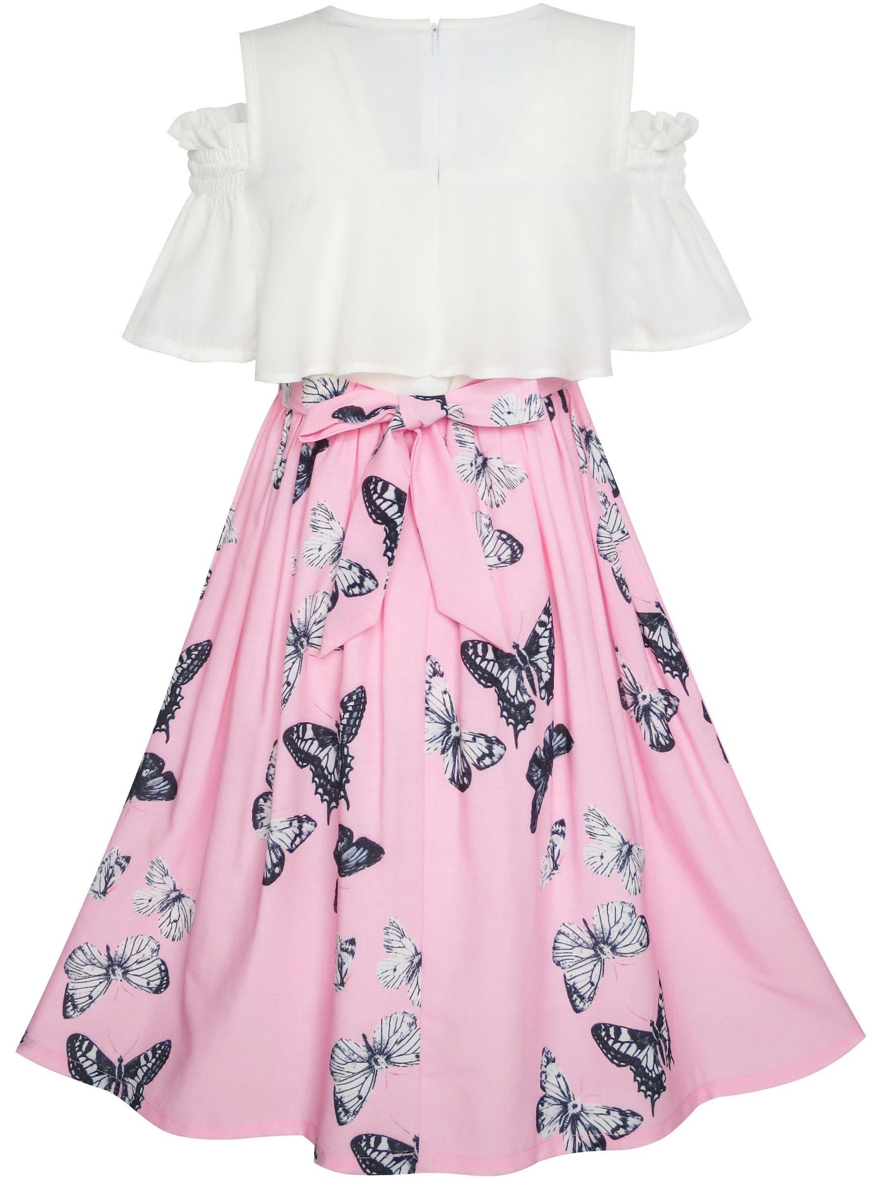 Girls Dress Chiffon Tulip Flower Ruffle Cold shoulder White Pink Pink