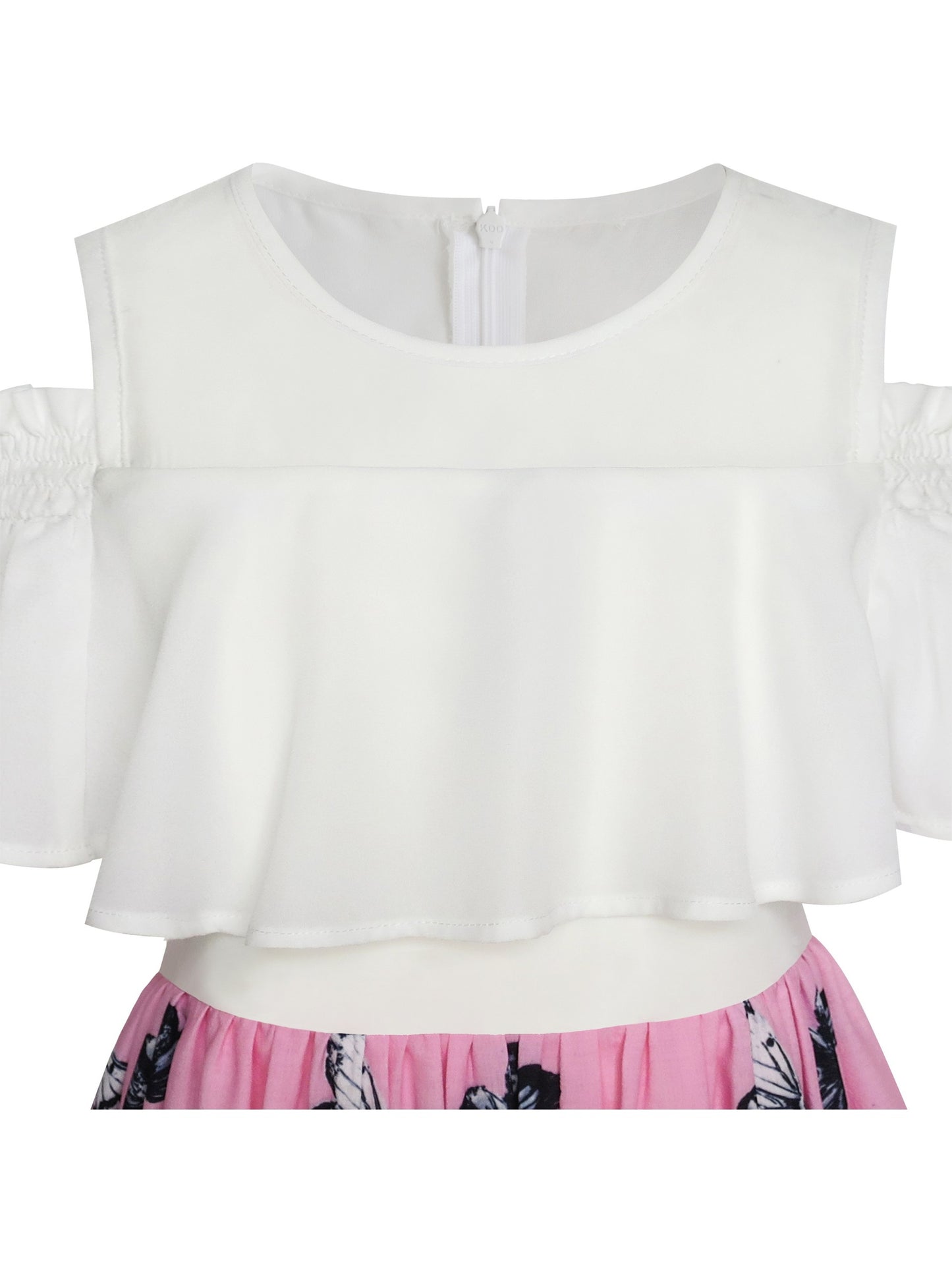 Girls Dress Chiffon Tulip Flower Ruffle Cold shoulder White Pink Pink