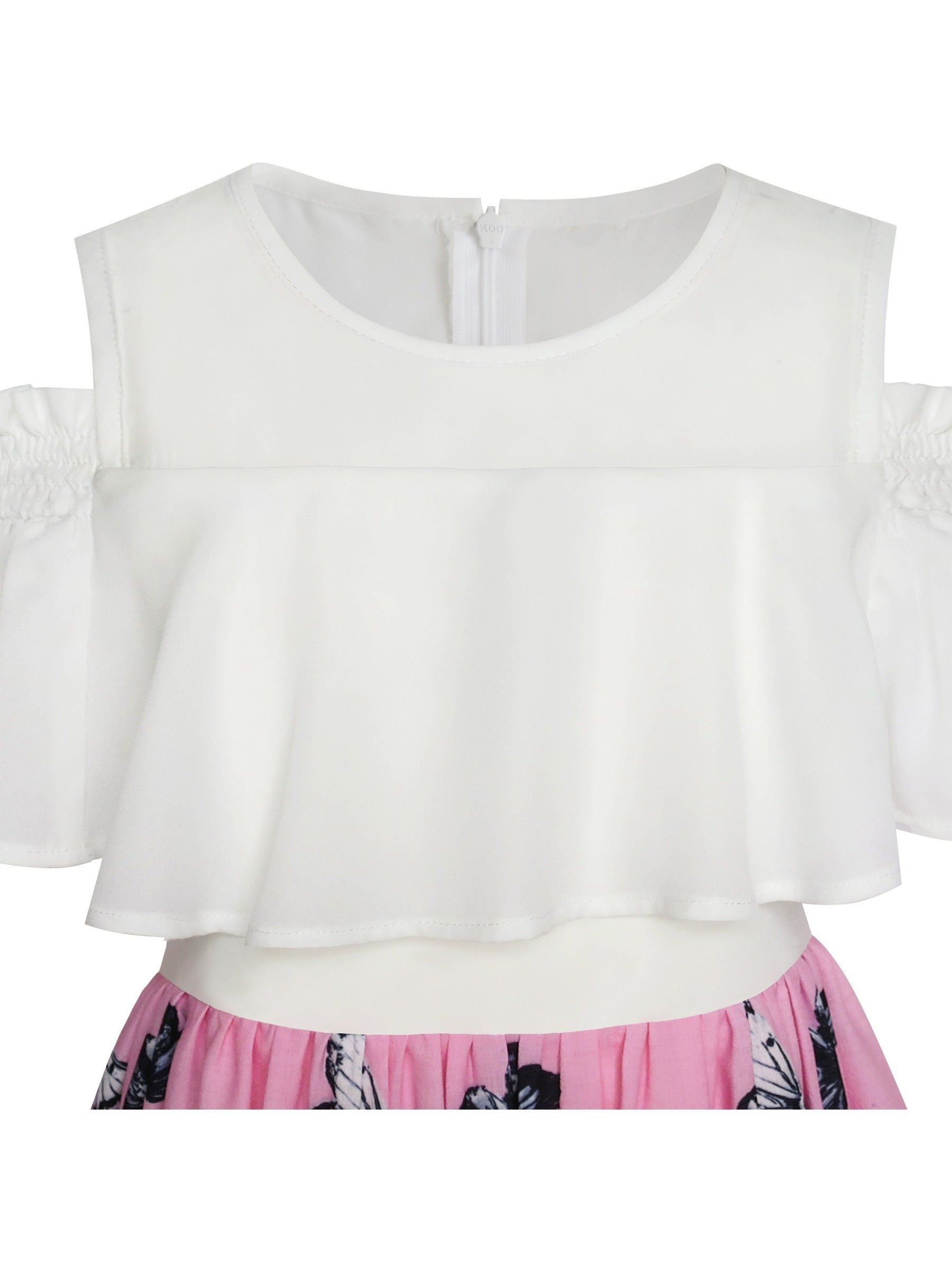 Girls Dress Chiffon Tulip Flower Ruffle Cold shoulder White Pink Pink