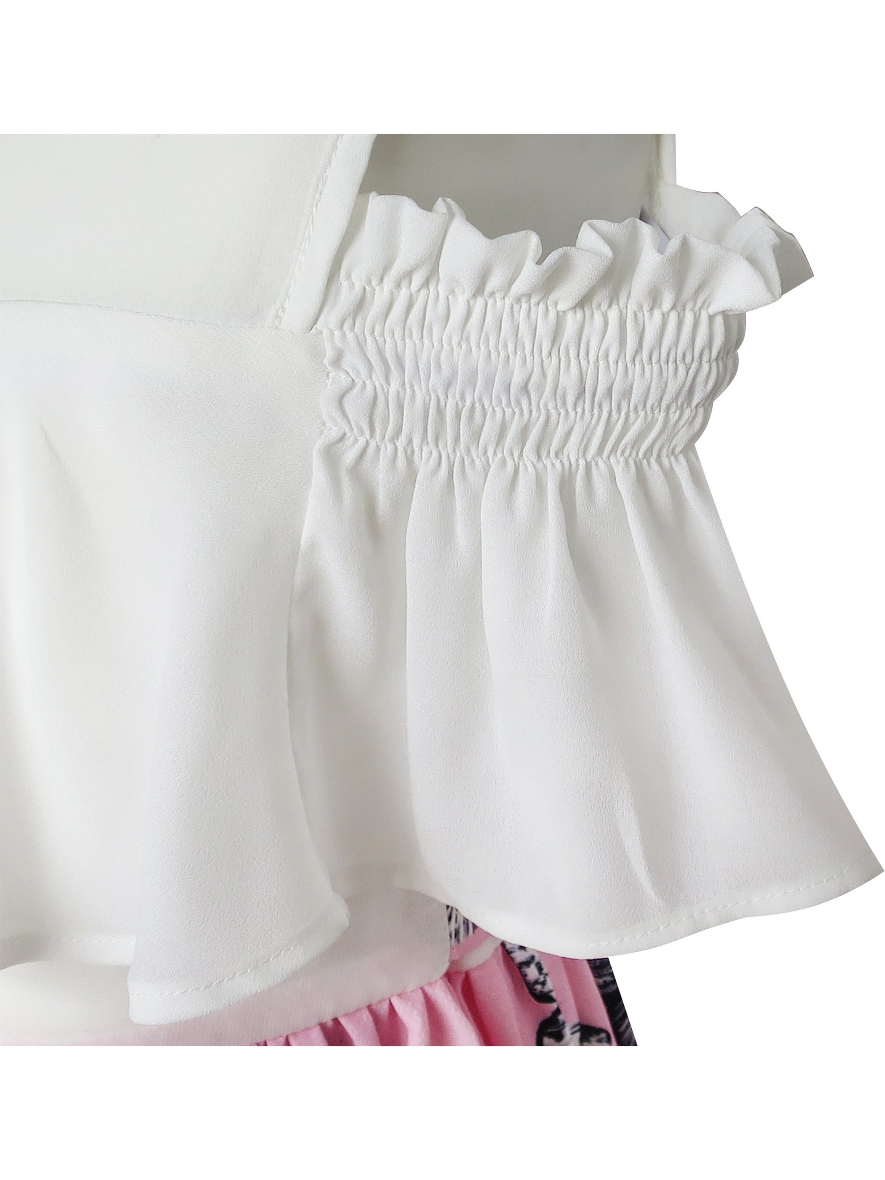 Girls Dress Chiffon Tulip Flower Ruffle Cold shoulder White Pink Pink