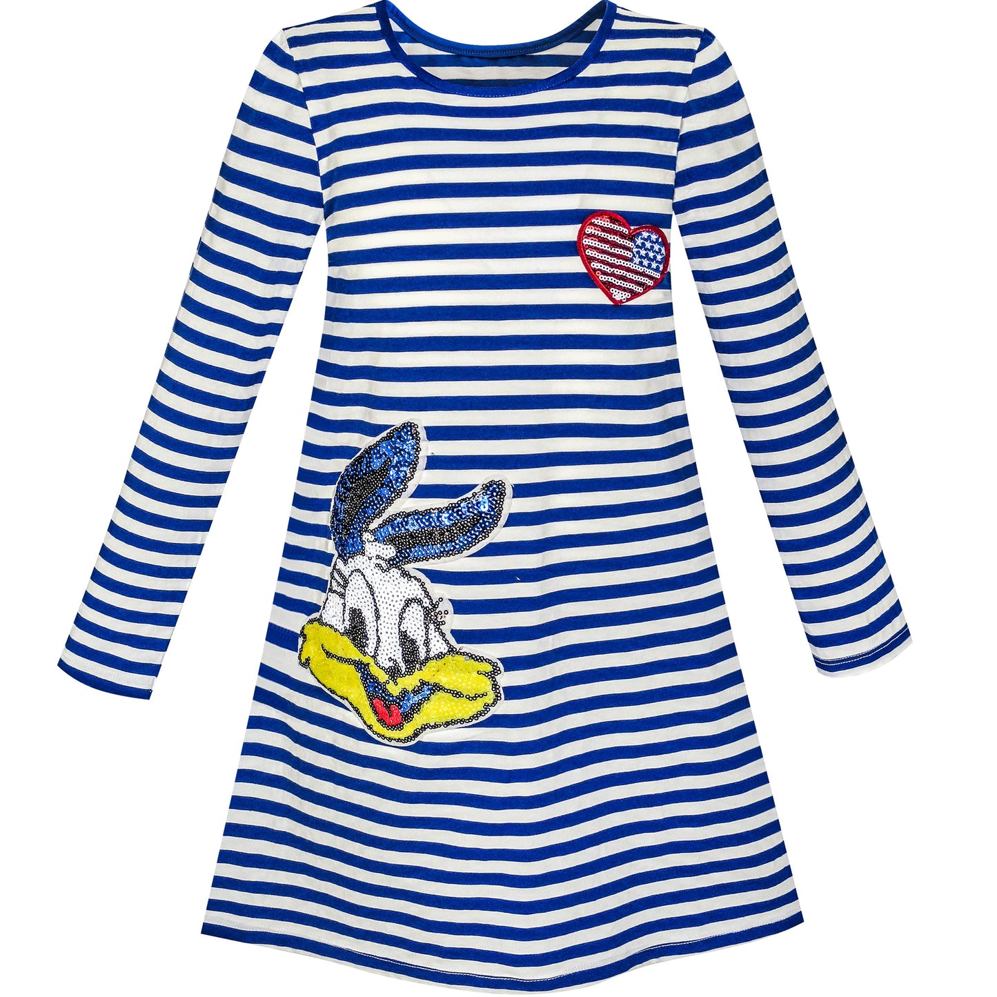 Girls Dress Stripe Cartoon Embroidery Long Sleeve Cotton Dress Blue