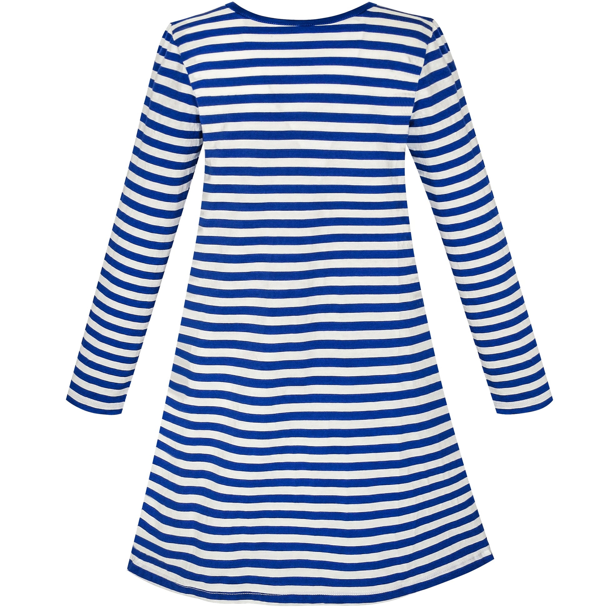 Girls Dress Stripe Cartoon Embroidery Long Sleeve Cotton Dress Blue