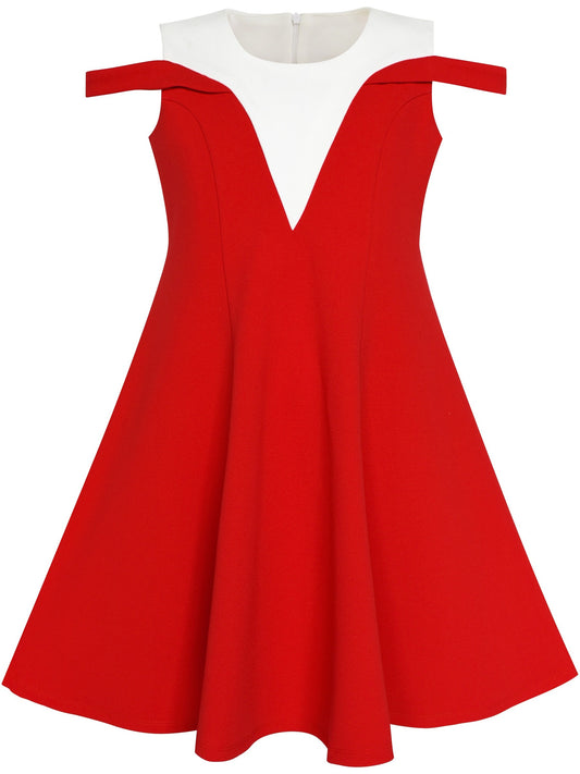 Girls Dress Black White Cold Shoulder Color Contrast Holiday Red