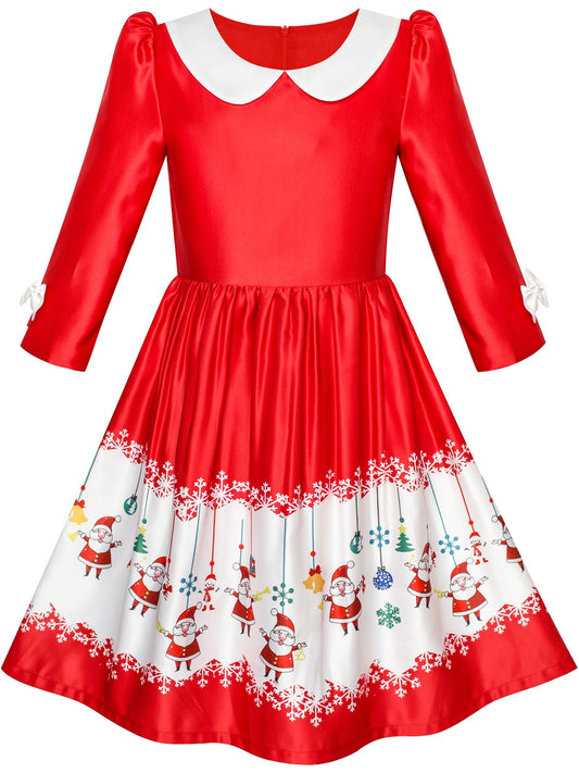 Girls Dress 3/4 Sleeve Christmas Santa Jingle Bell Snow Red