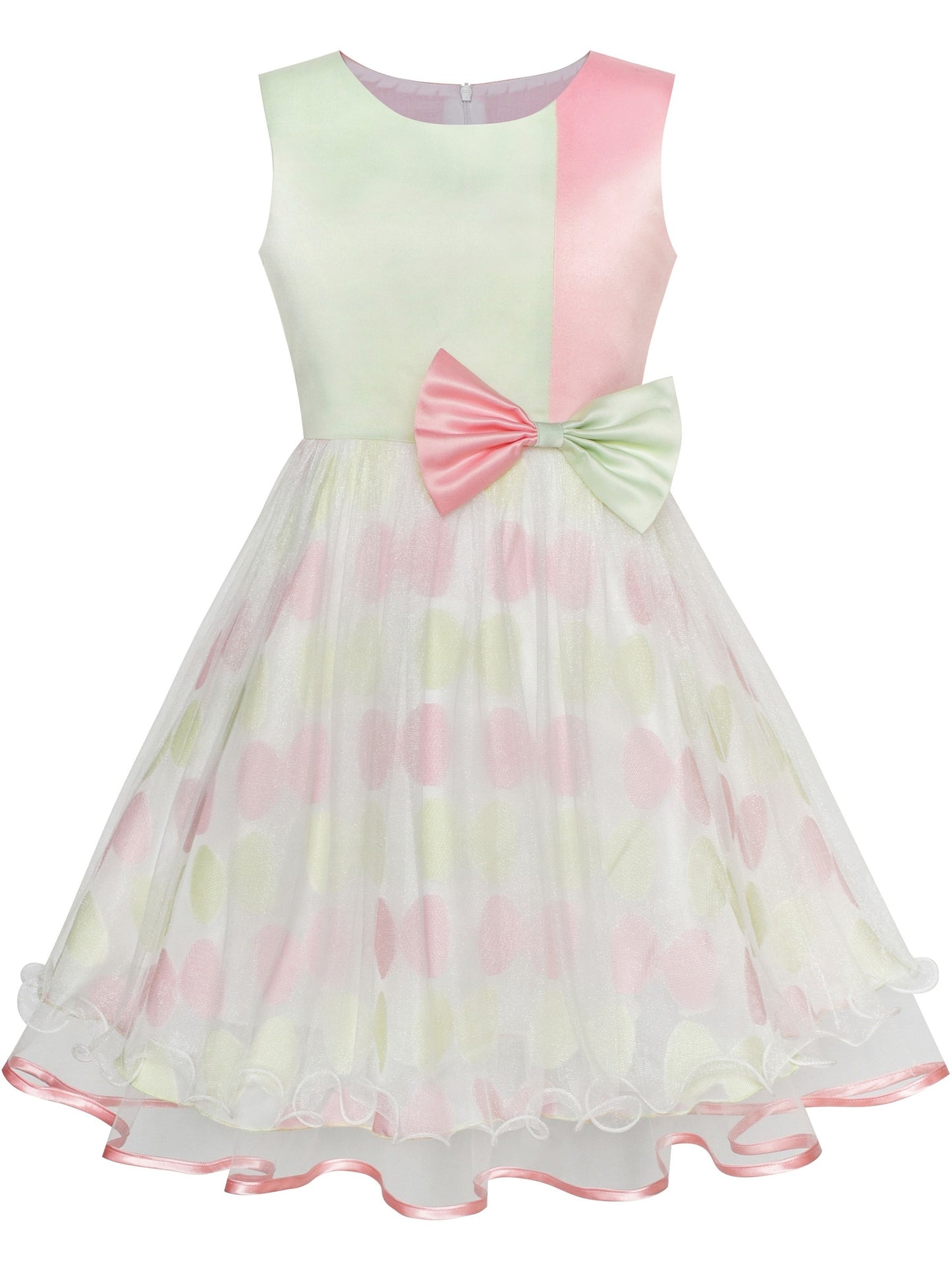Girls Dress Sleeveless Lace Tulle Wave Pattern Black White Multi-Color