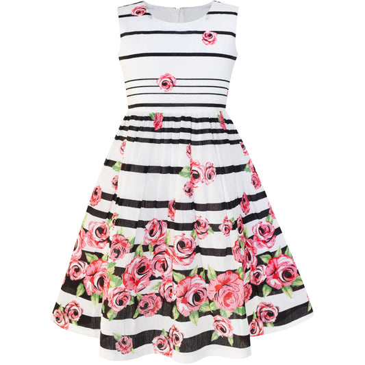 Girls Dress Black Striped Pink Flower Sundress Multi-Color