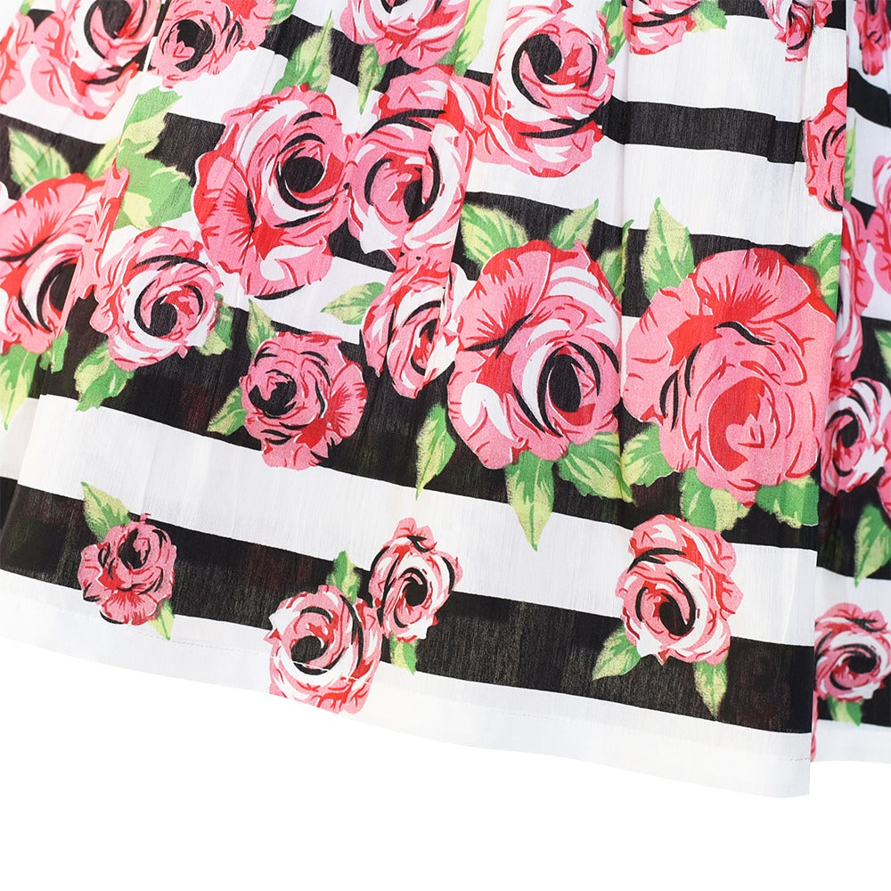 Girls Dress Black Striped Pink Flower Sundress Multi-Color