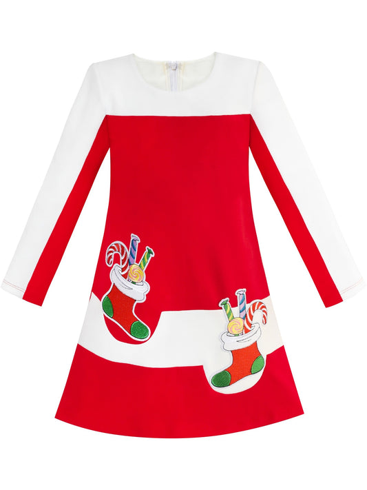 Girls Dress Red Christmas Stockings Xmas Candy Canes New Year Red