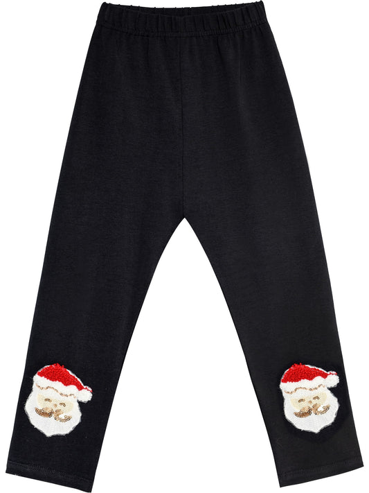 Girls Pants Leggings Black Christmas Santa Embroidered Black
