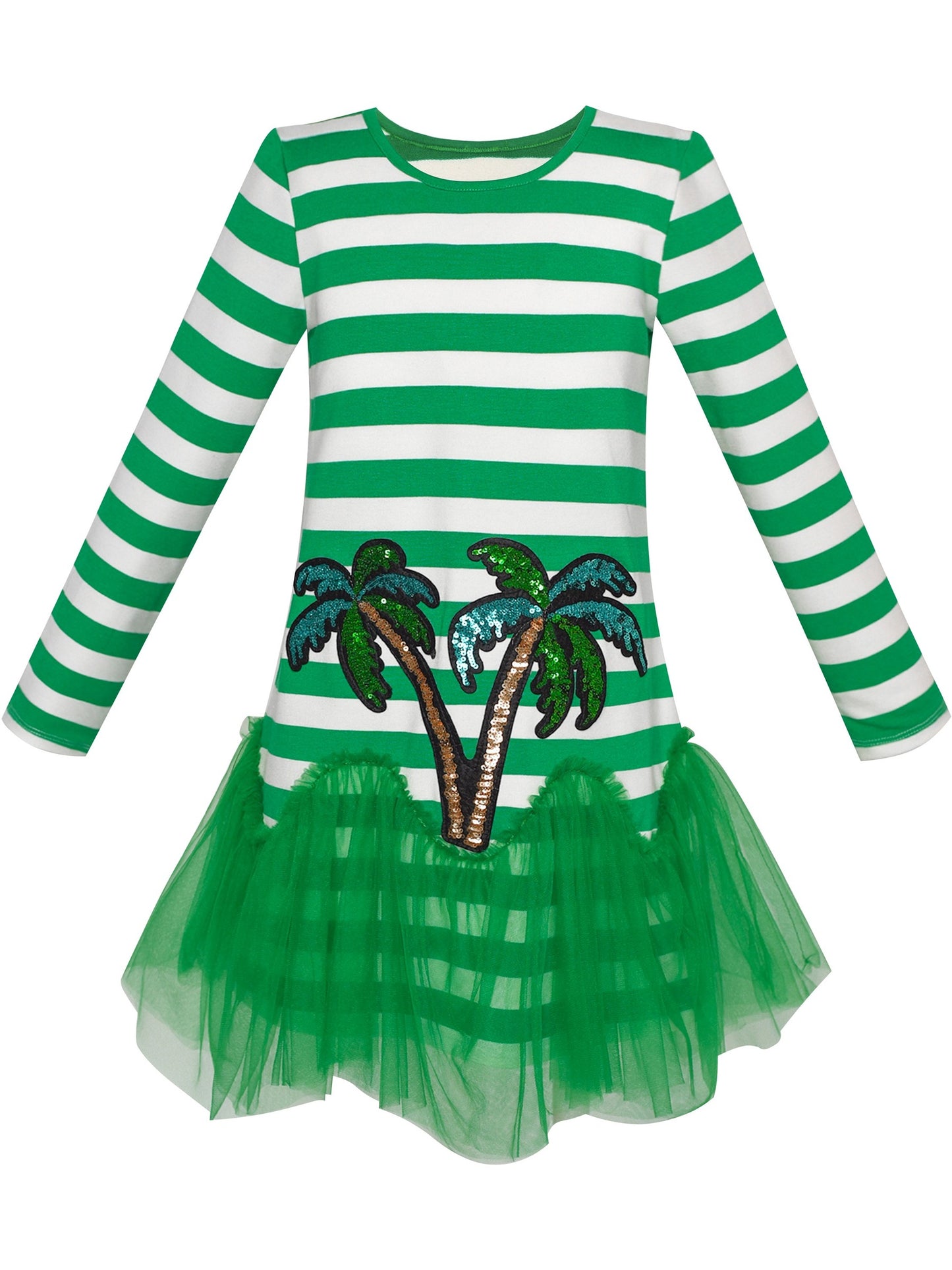 Girls Dress Long Sleeve Cotton Cartoon Sequins Pink Striped Dress Green