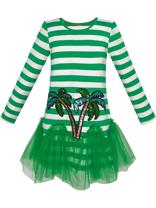 Girls Dress Long Sleeve Cotton Cartoon Sequins Pink Striped Dress Green