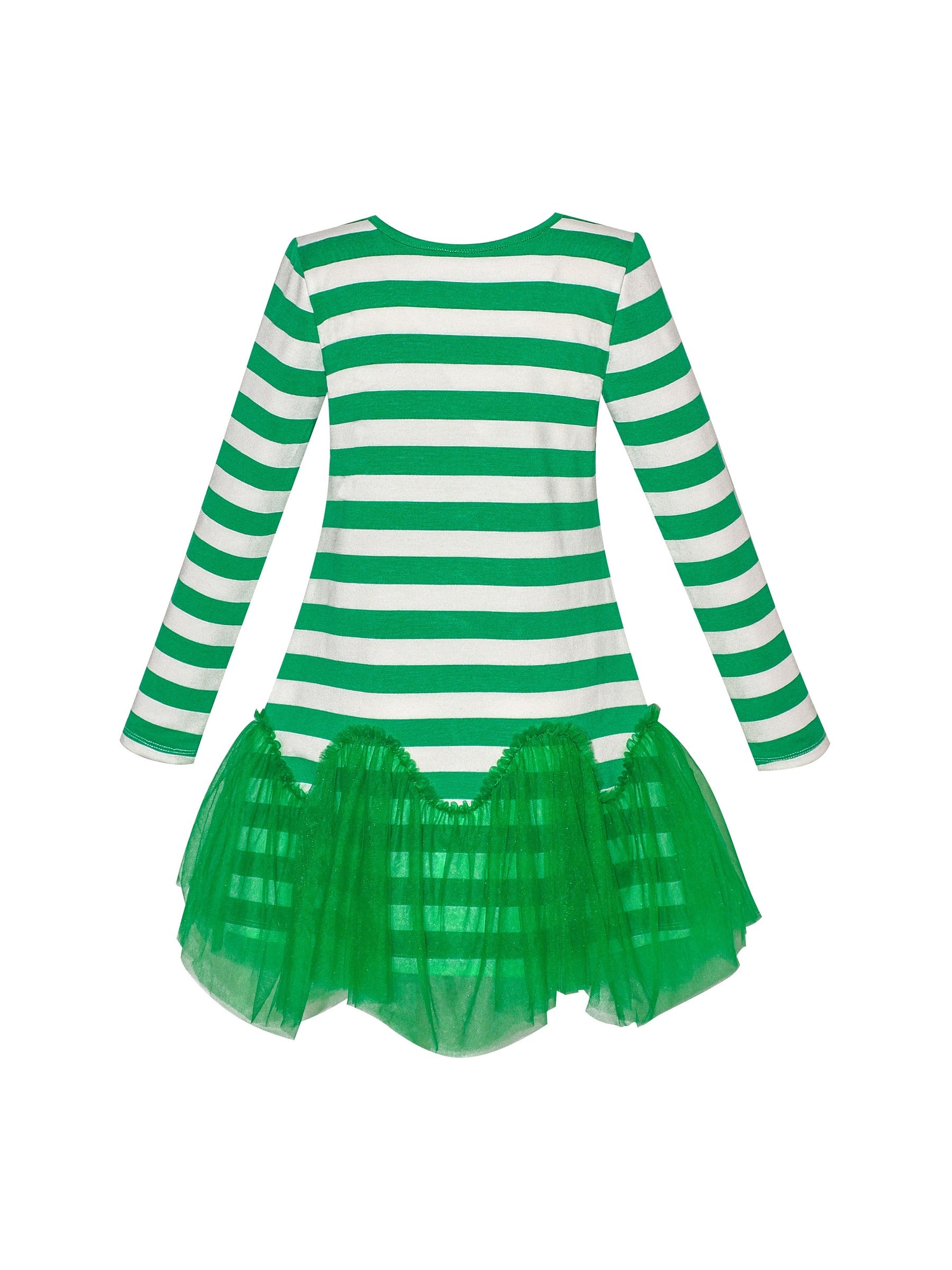 Girls Dress Long Sleeve Cotton Cartoon Sequins Pink Striped Dress Green
