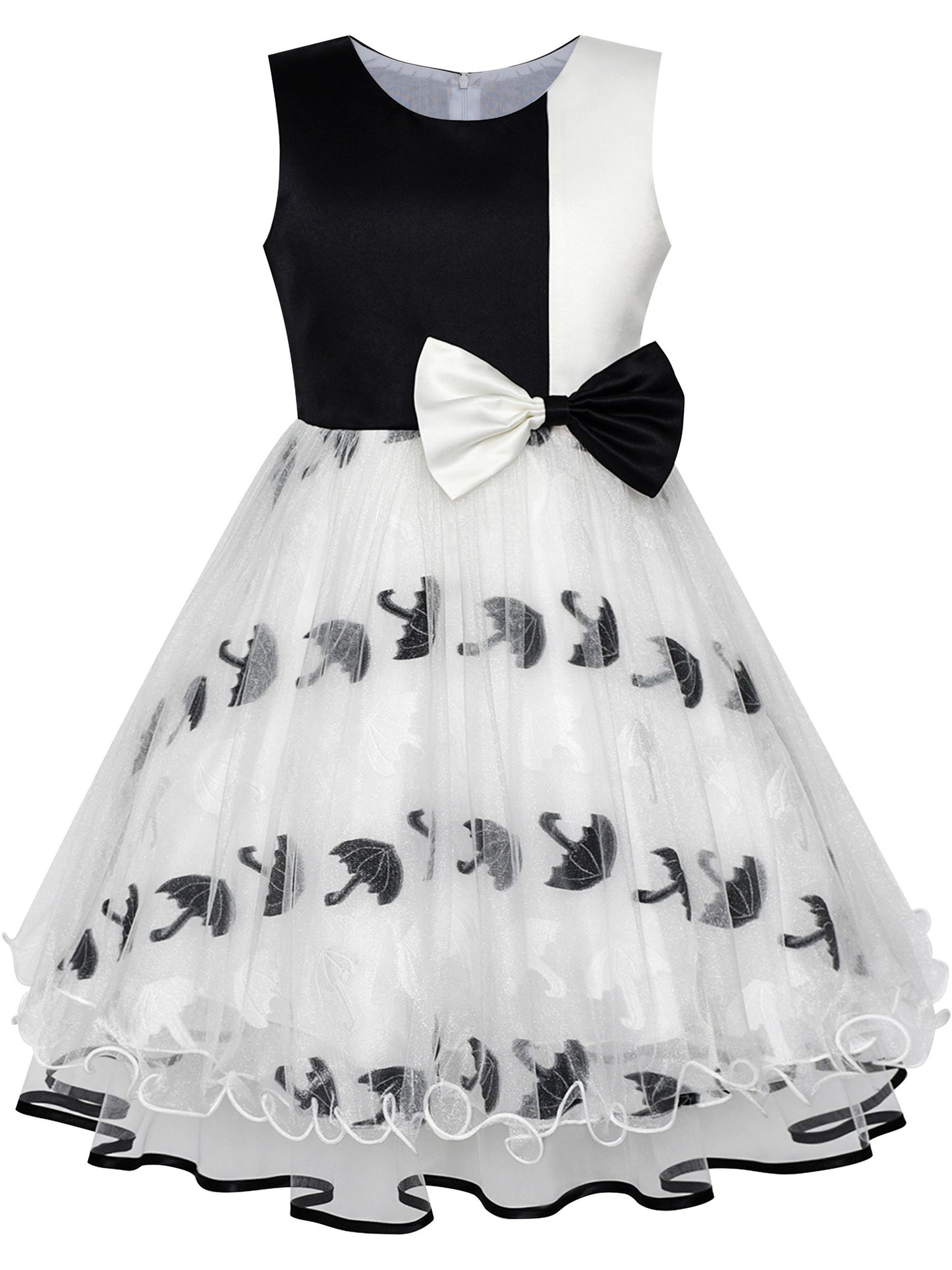 Girls Dress Sleeveless Lace Tulle Wave Pattern Black White Black