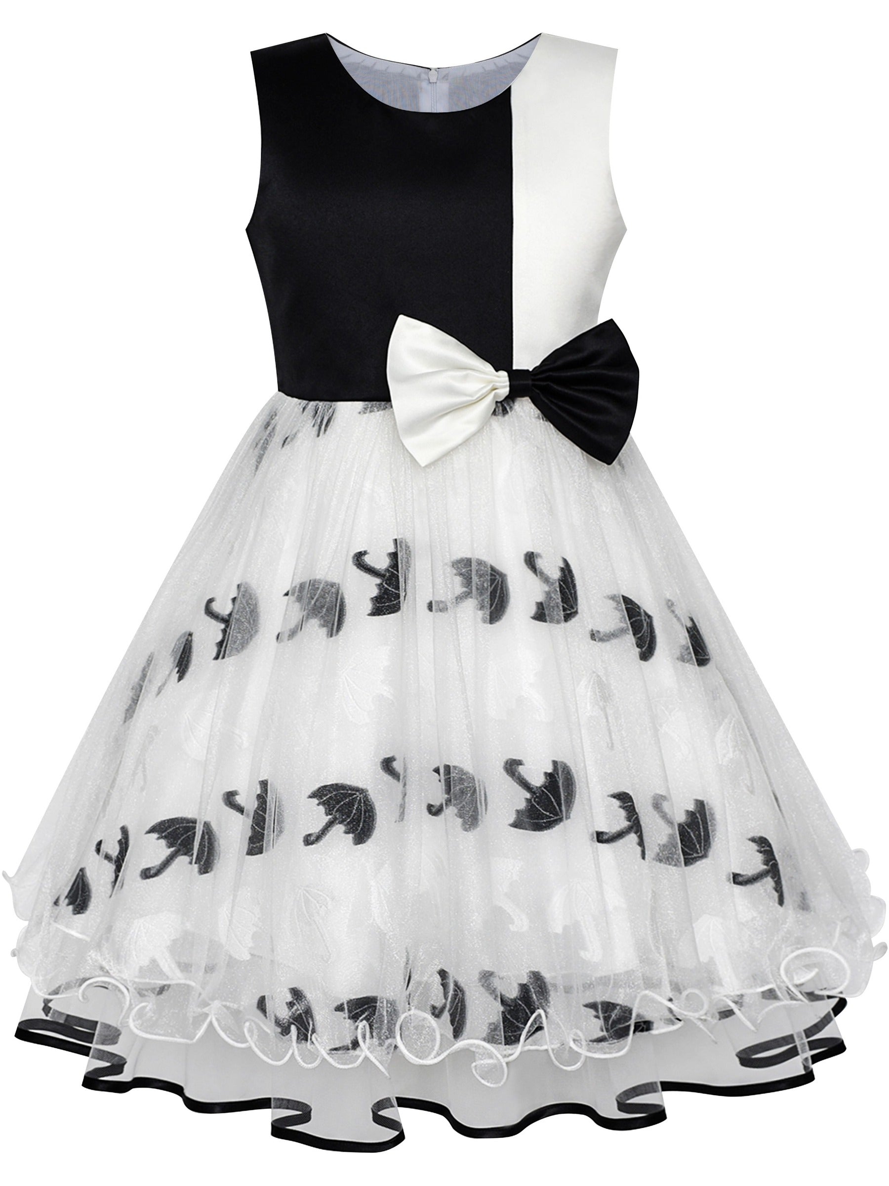 Girls Dress Sleeveless Lace Tulle Wave Pattern Black White Black