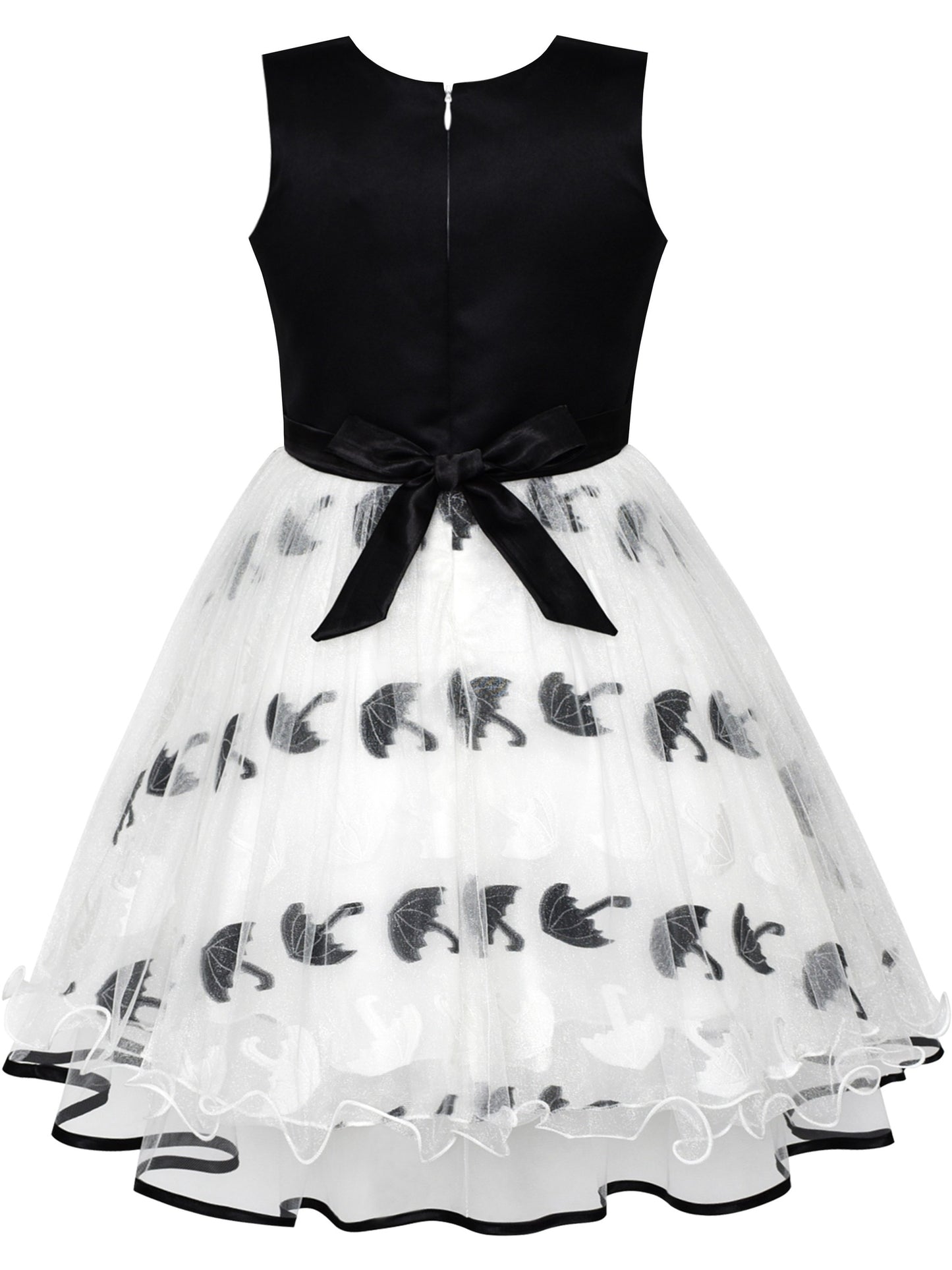 Girls Dress Sleeveless Lace Tulle Wave Pattern Black White Black