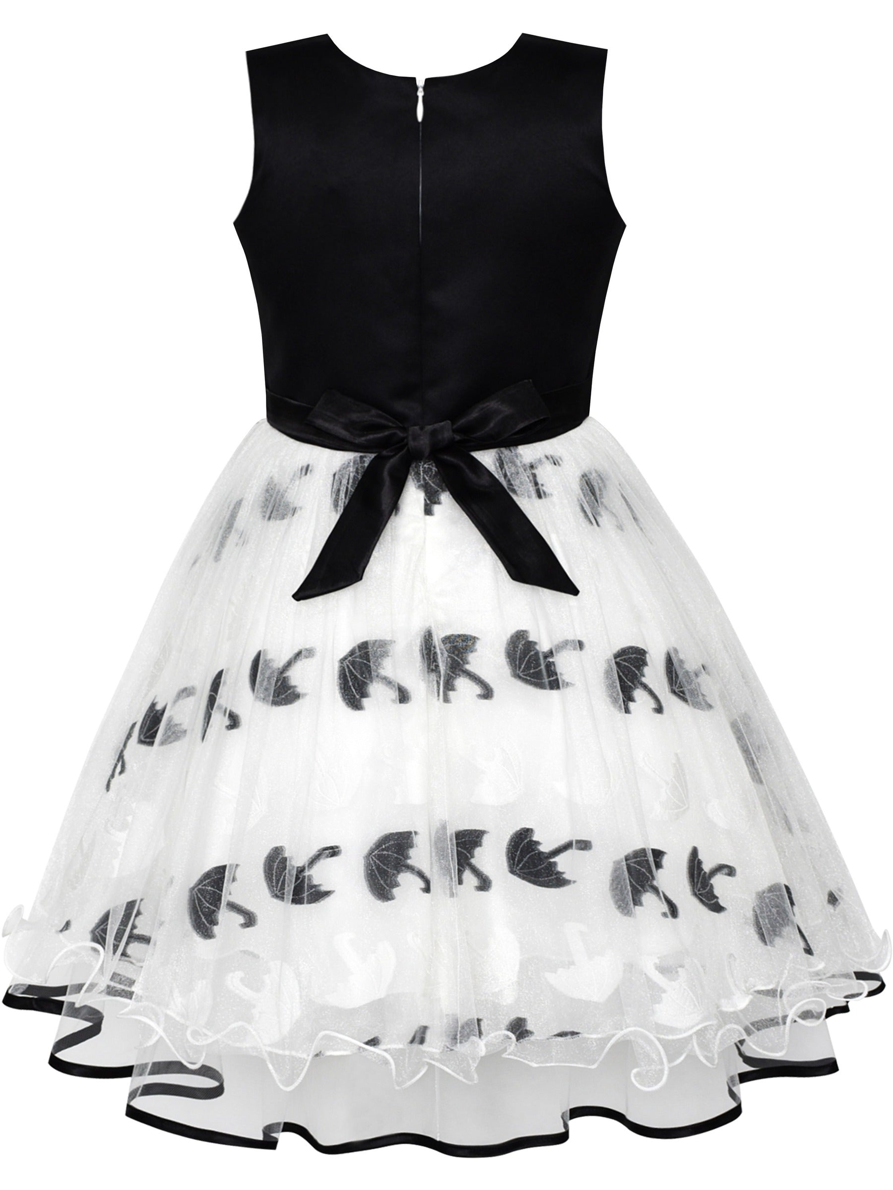 Girls Dress Sleeveless Lace Tulle Wave Pattern Black White Black