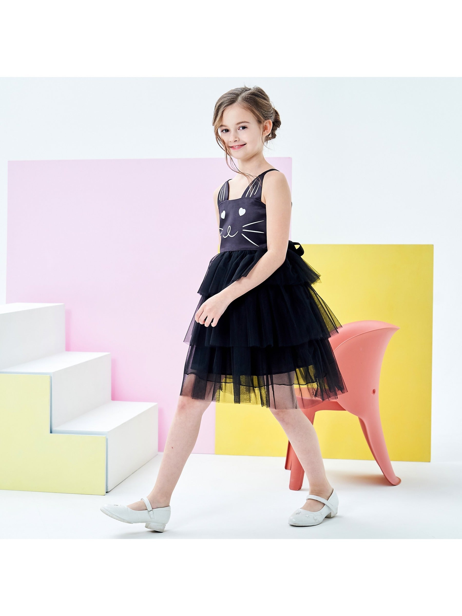 Girls Dress Pink Bow Tie Wedding Lace Tulle Overlay Layered Black