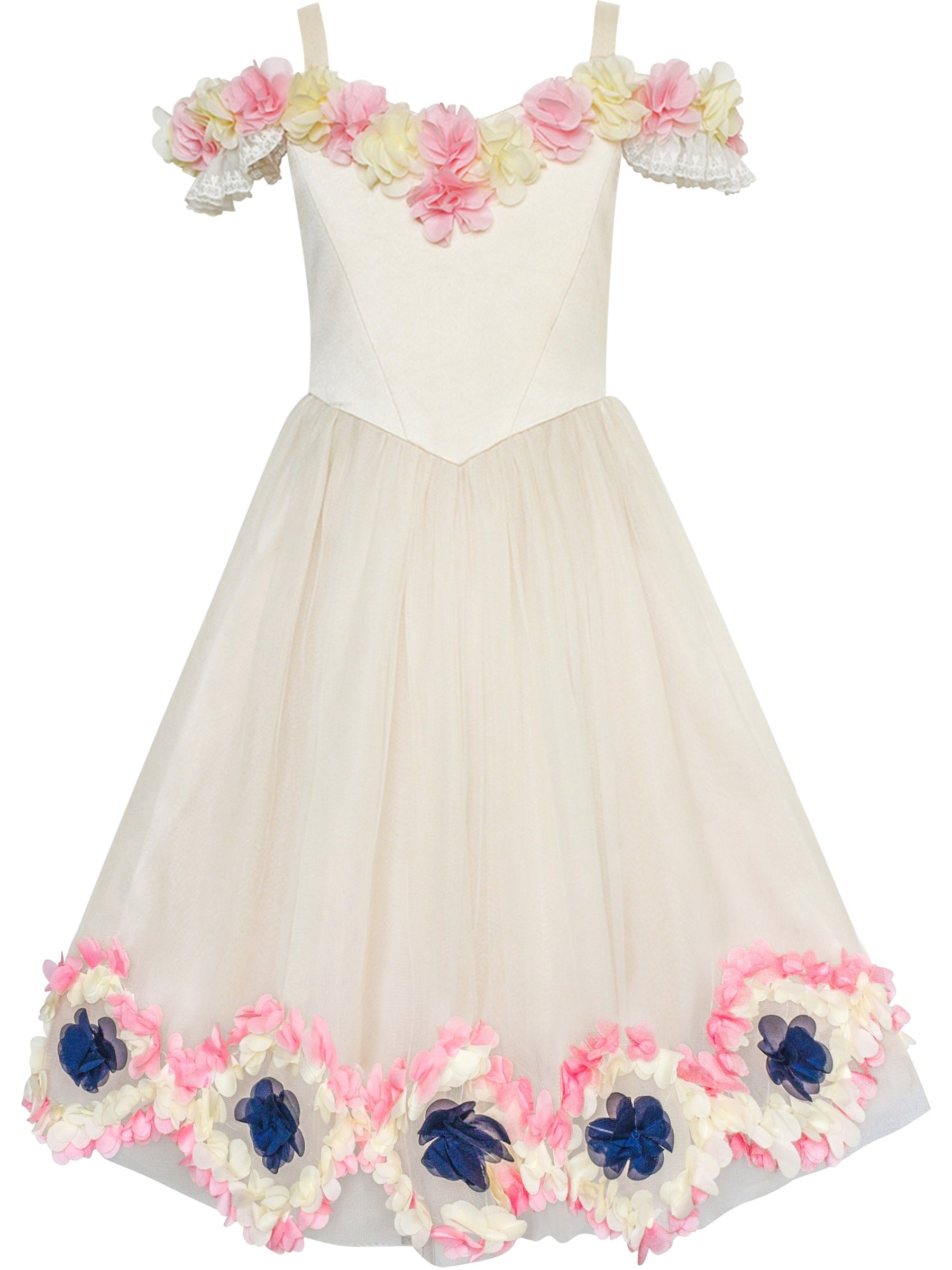 Flower Girls Dress Pink Cold Shoulder Bridesmaid Wedding Beige