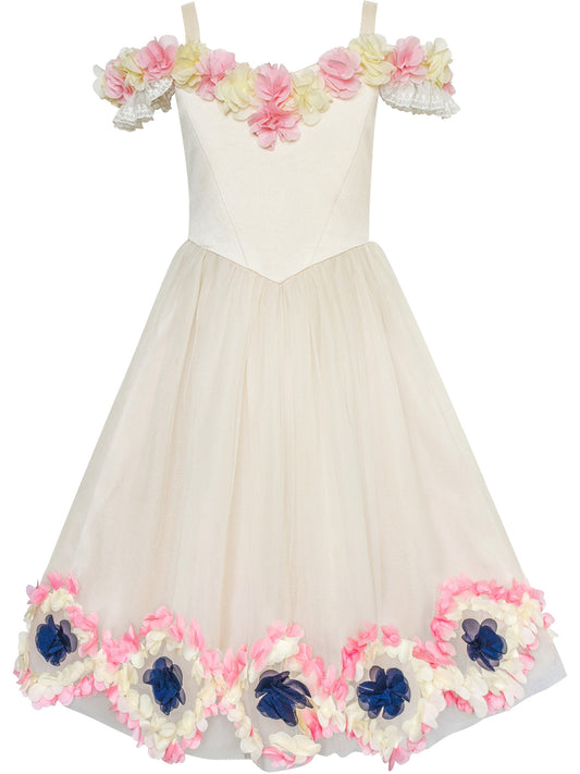 Flower Girls Dress Pink Cold Shoulder Bridesmaid Wedding Beige