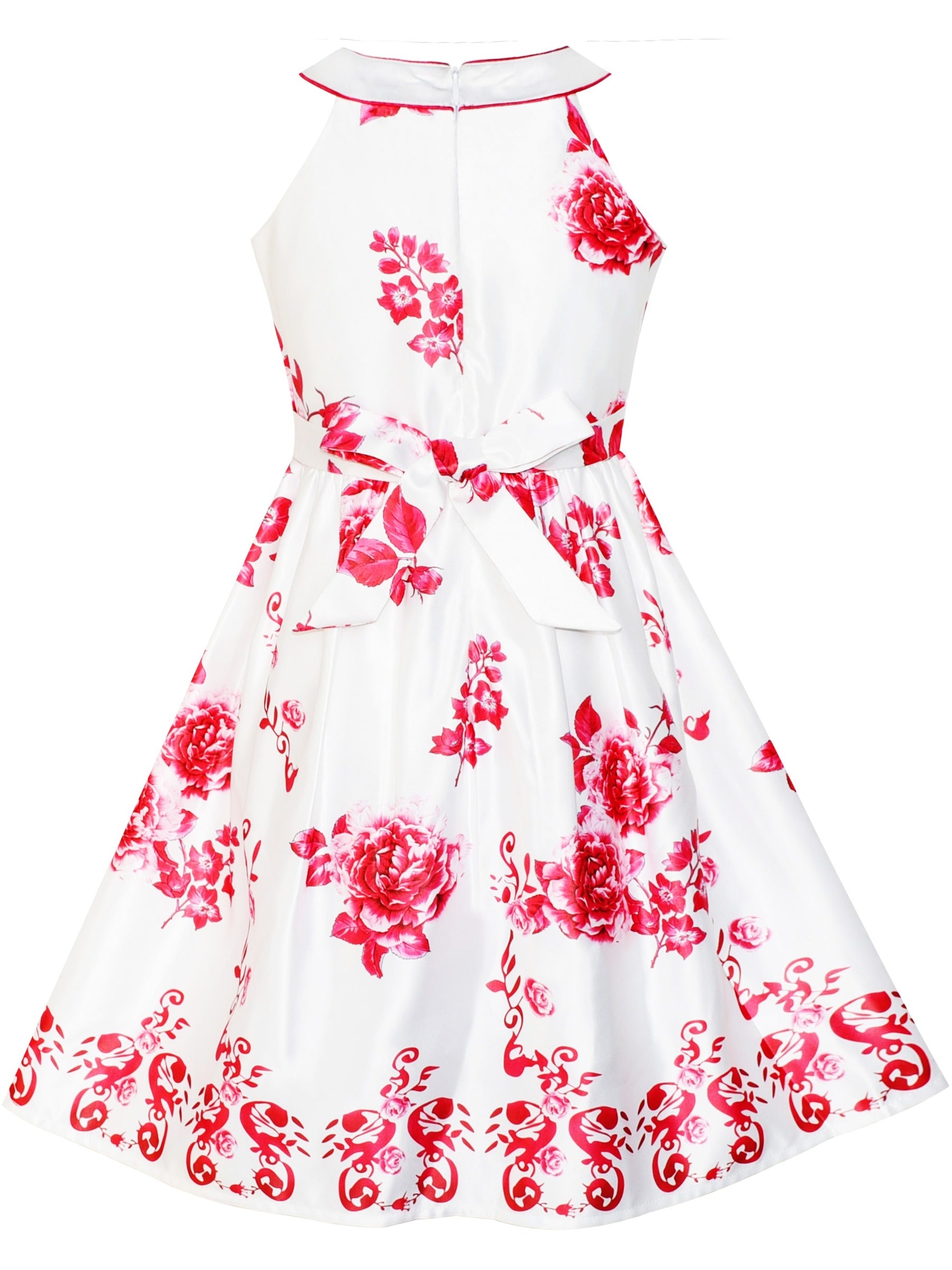 Girls Dress Yellow Rose Print Pleated Hem Wedding Pageant Party Wedding Red