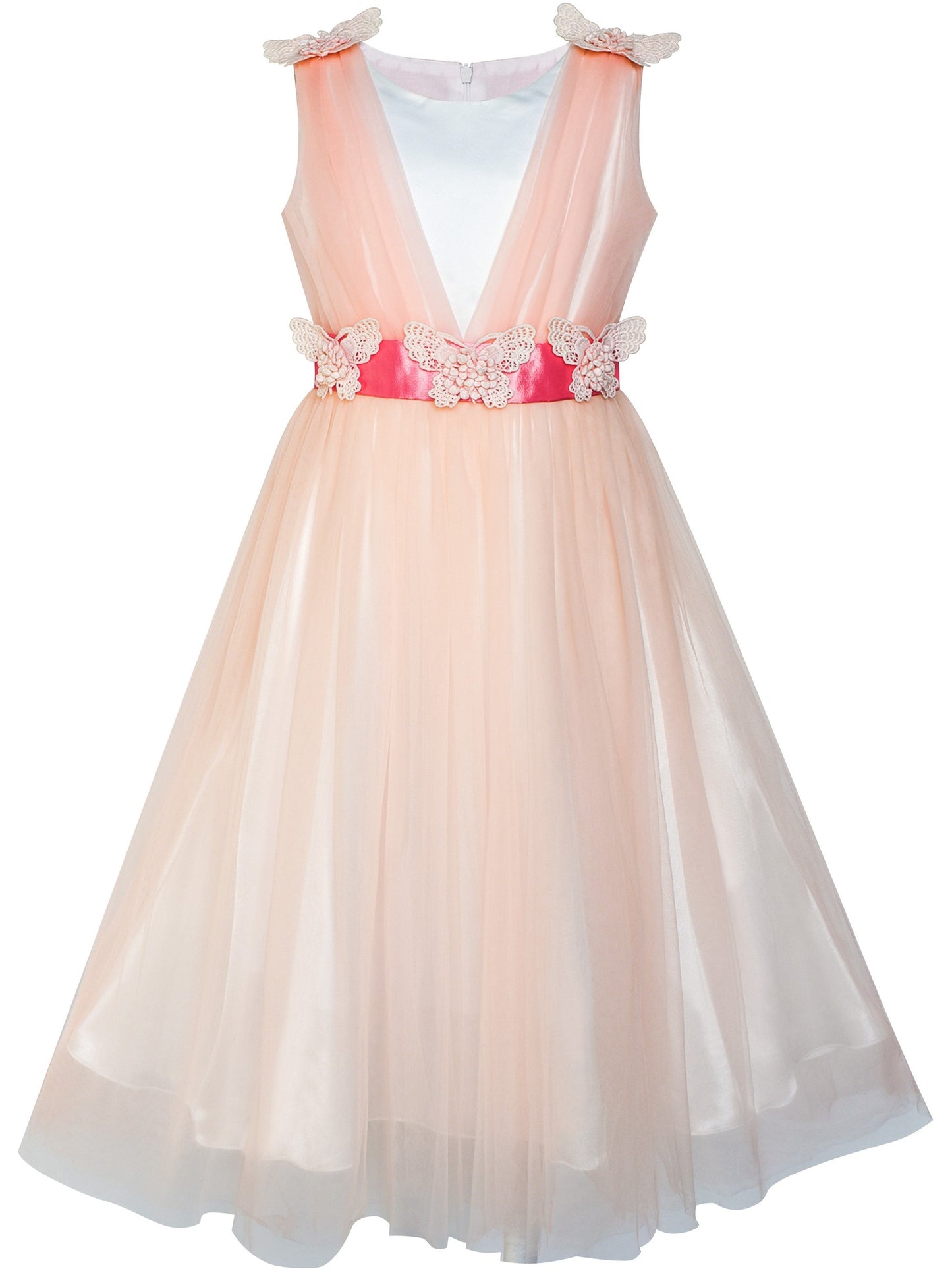 Girls Champagne Dress Sleeveless Floral Lace Calf Length Party Formal Dress Pink
