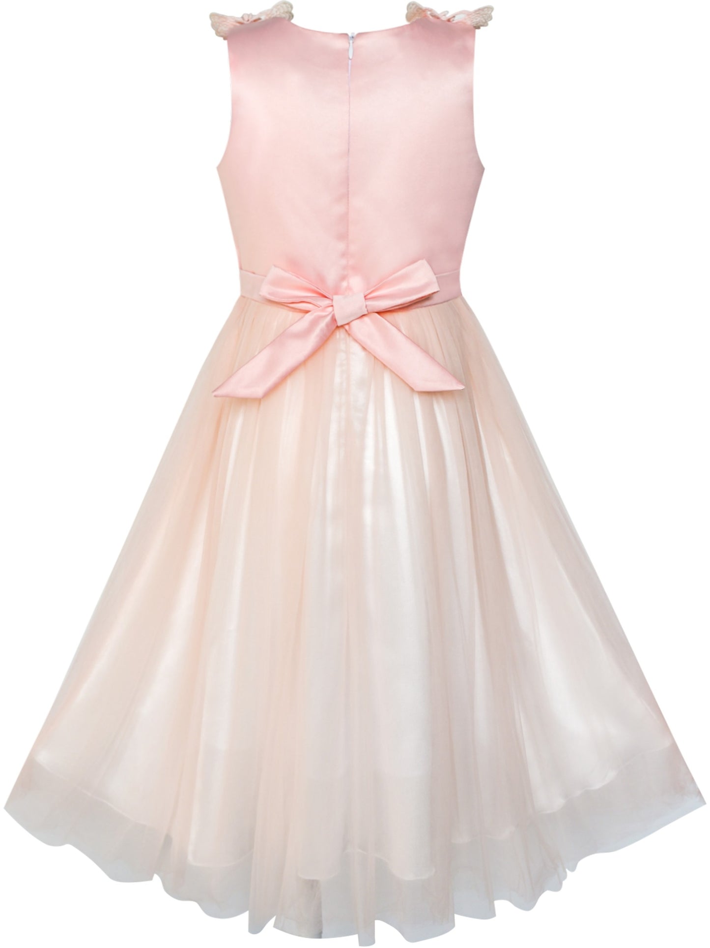 Girls Champagne Dress Sleeveless Floral Lace Calf Length Party Formal Dress Pink