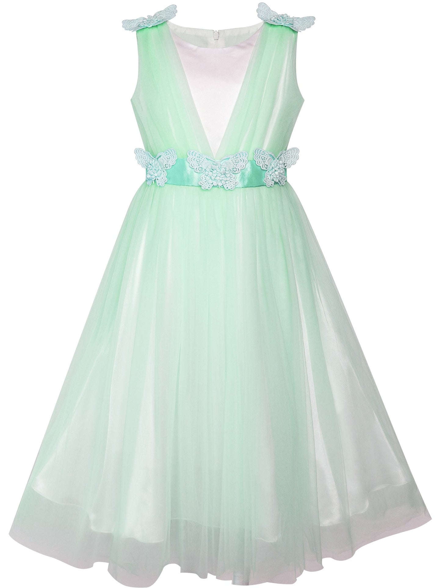 Girls Champagne Dress Sleeveless Floral Lace Calf Length Party Formal Dress Green