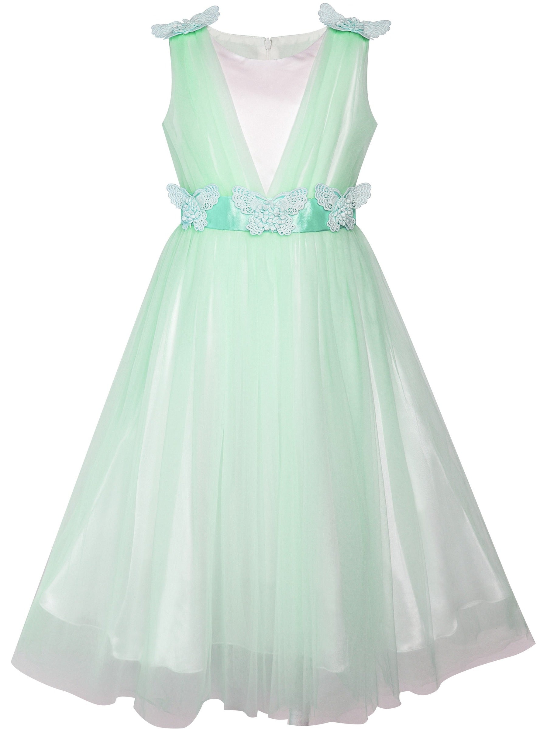 Girls Champagne Dress Sleeveless Floral Lace Calf Length Party Formal Dress Green