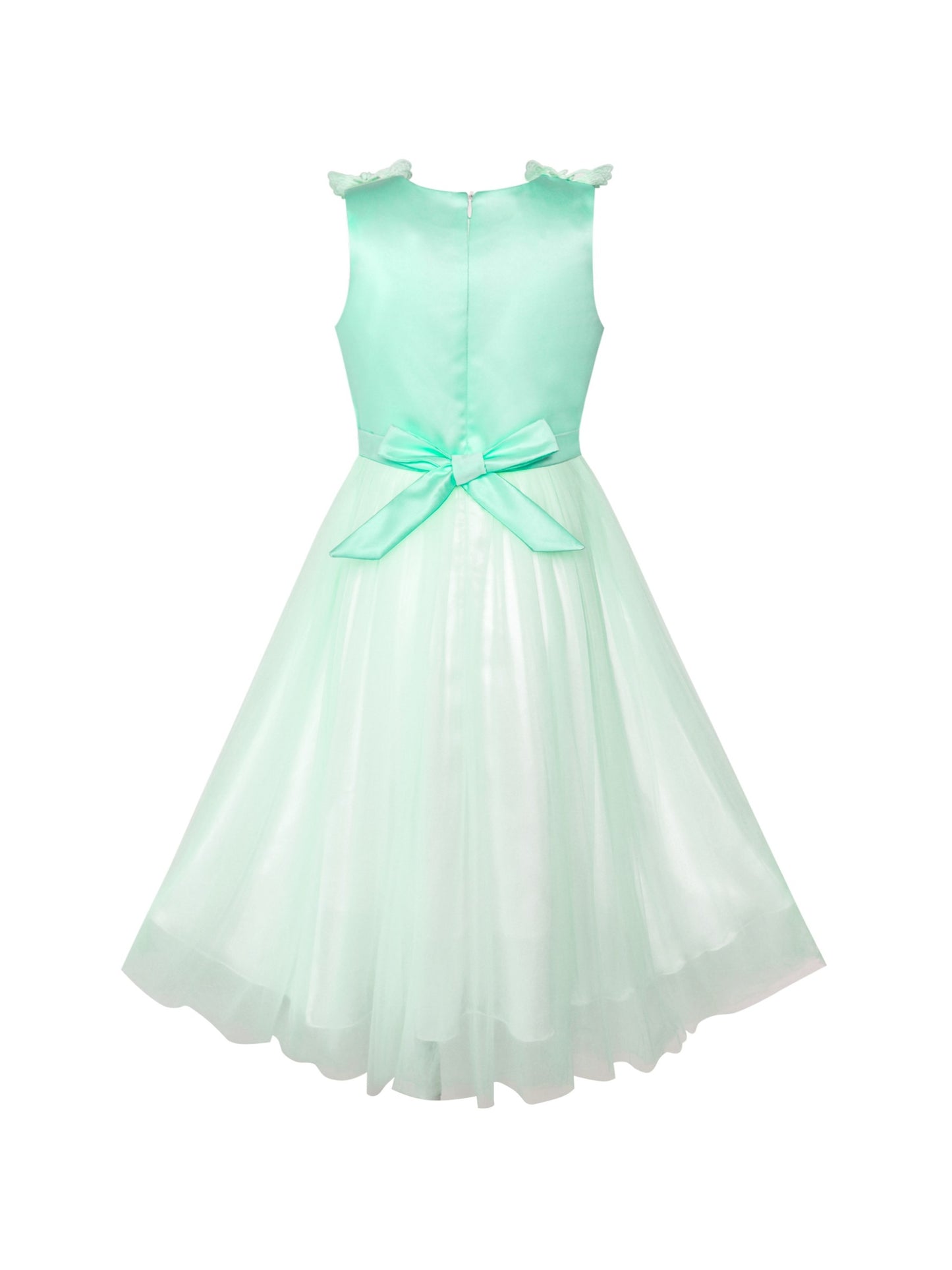 Girls Champagne Dress Sleeveless Floral Lace Calf Length Party Formal Dress Green