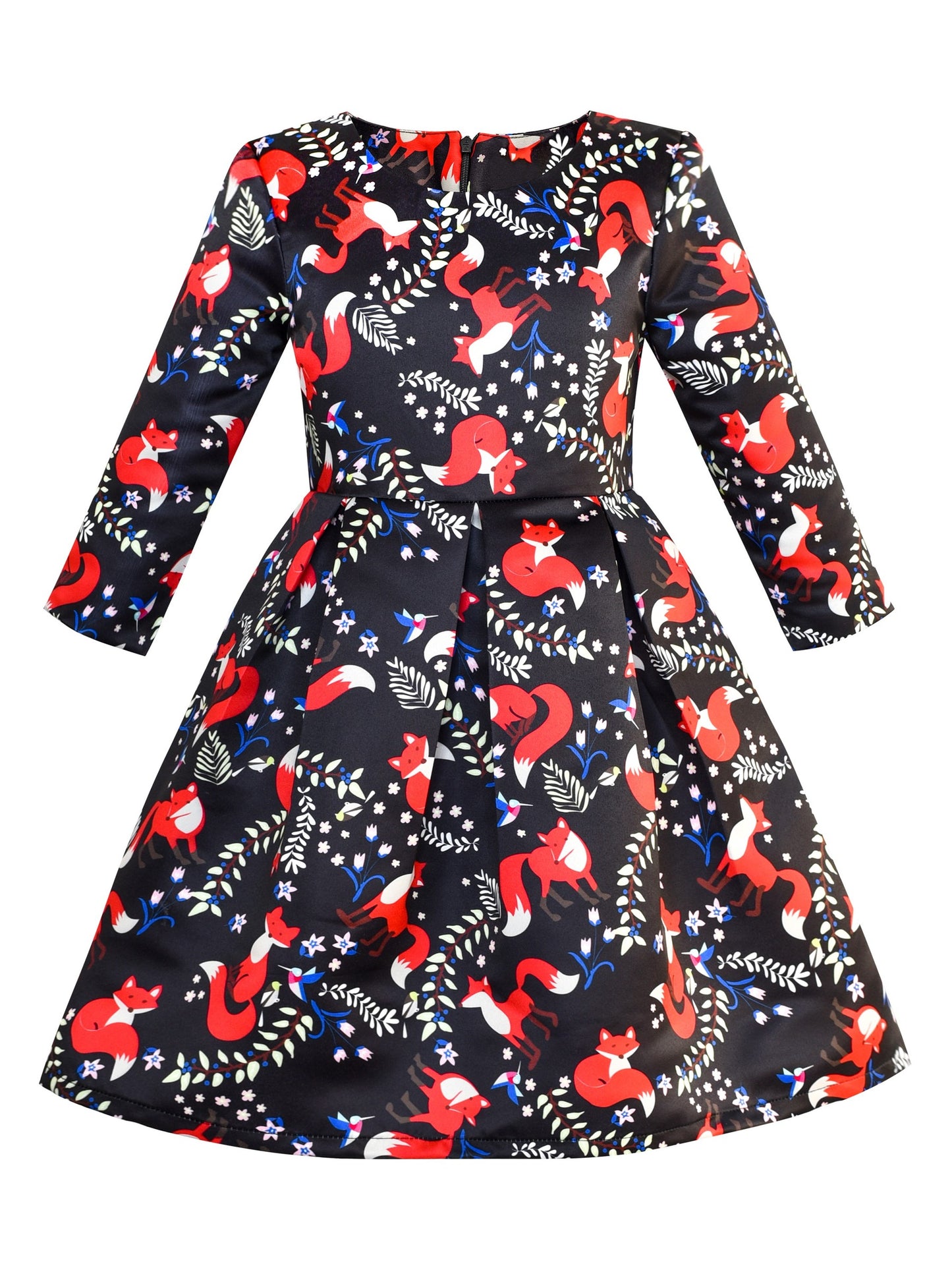 Girls Dress 3/4 Sleeve Elegant Black Checkered Red Flower Multi-Color