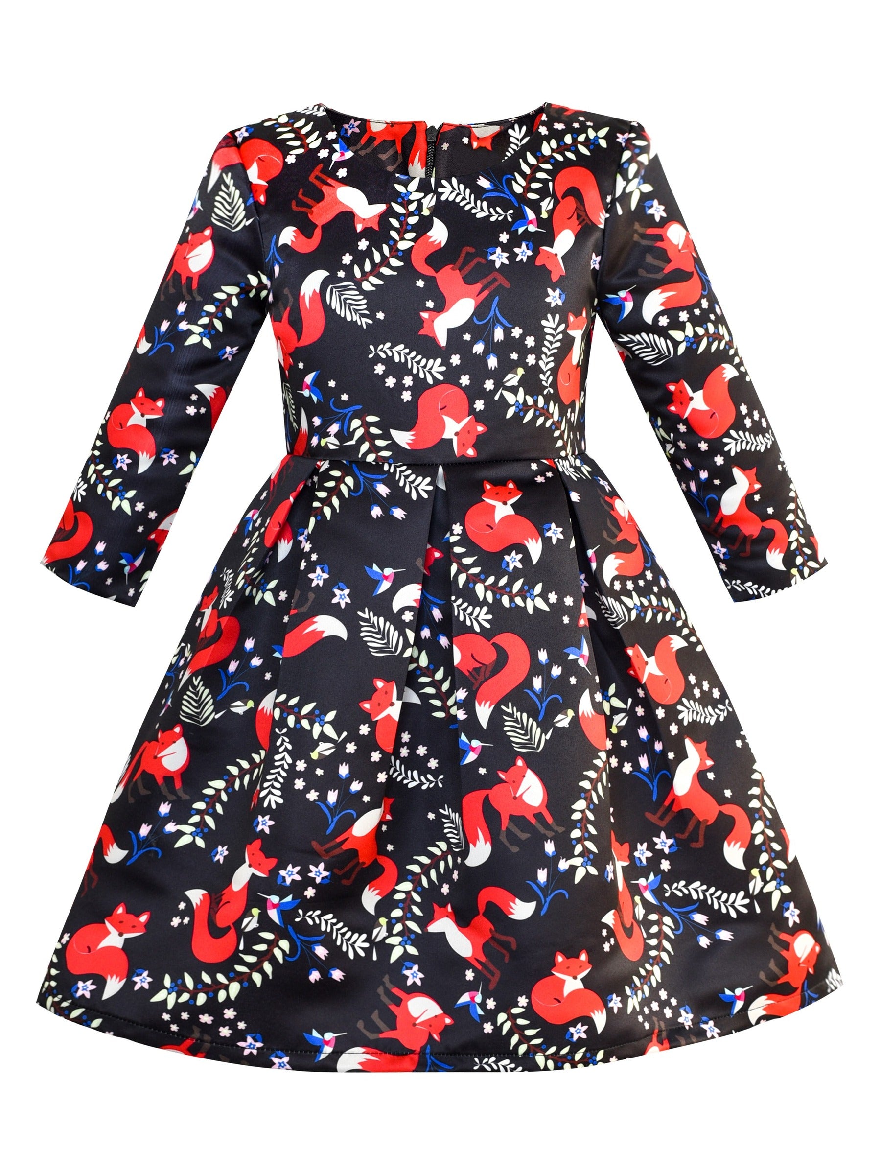 Girls Dress 3/4 Sleeve Elegant Black Checkered Red Flower Multi-Color