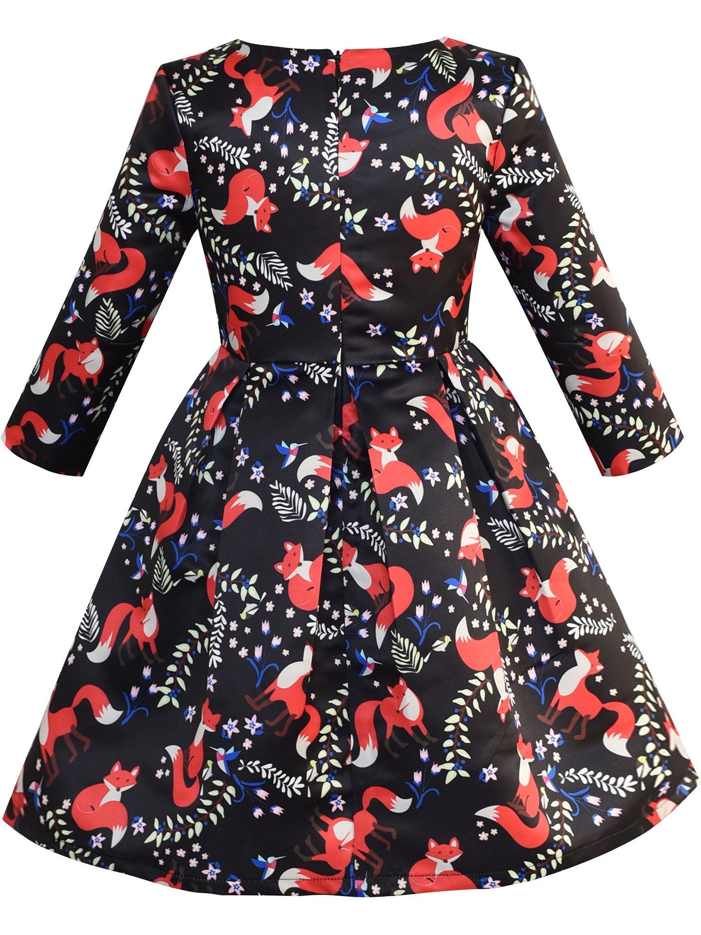 Girls Dress 3/4 Sleeve Elegant Black Checkered Red Flower Multi-Color
