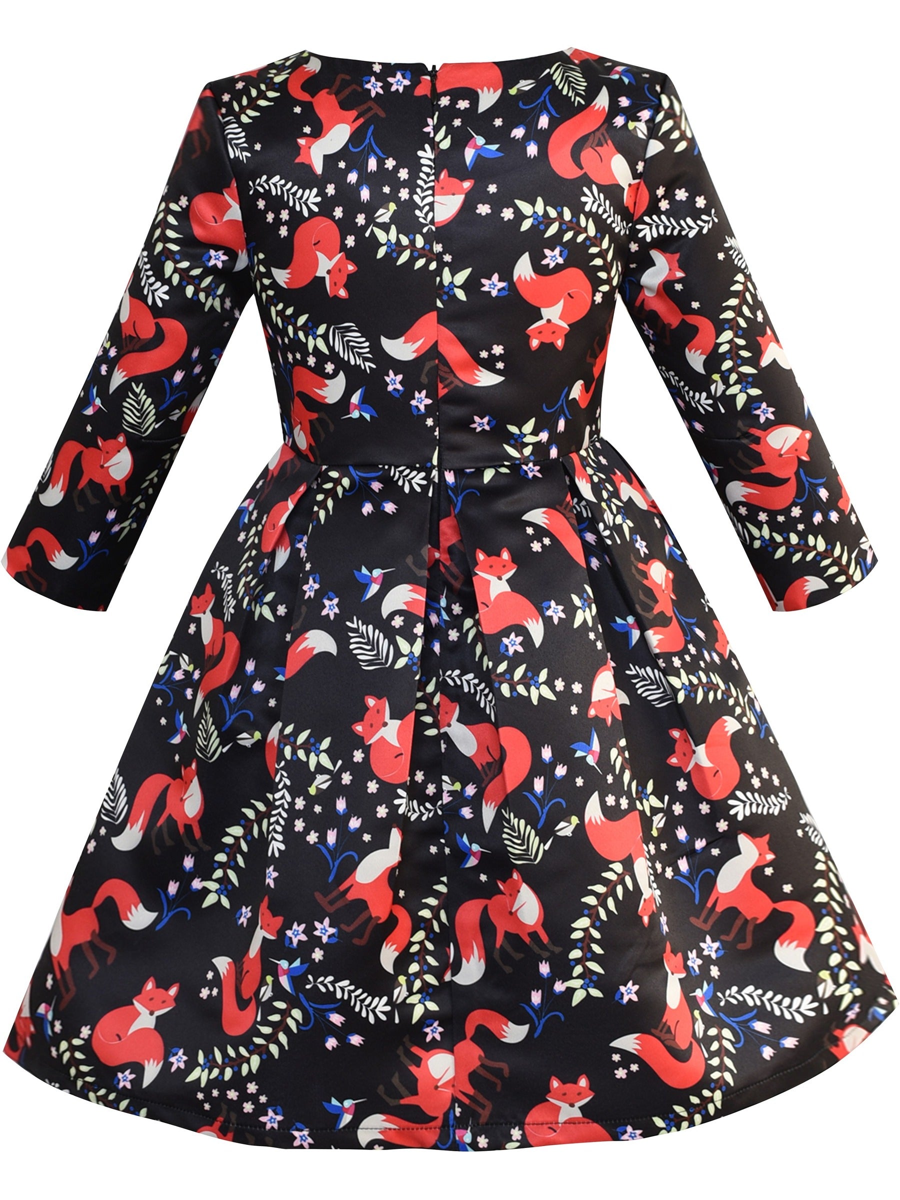 Girls Dress 3/4 Sleeve Elegant Black Checkered Red Flower Multi-Color