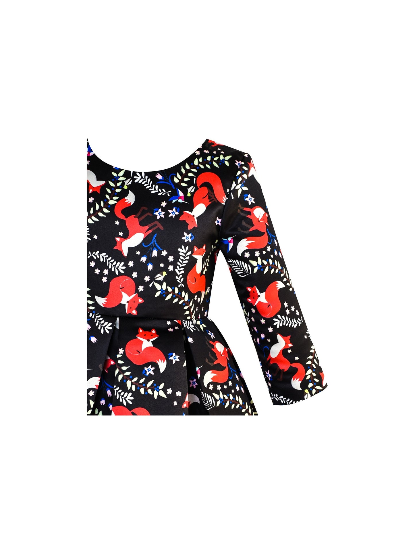 Girls Dress 3/4 Sleeve Elegant Black Checkered Red Flower Multi-Color