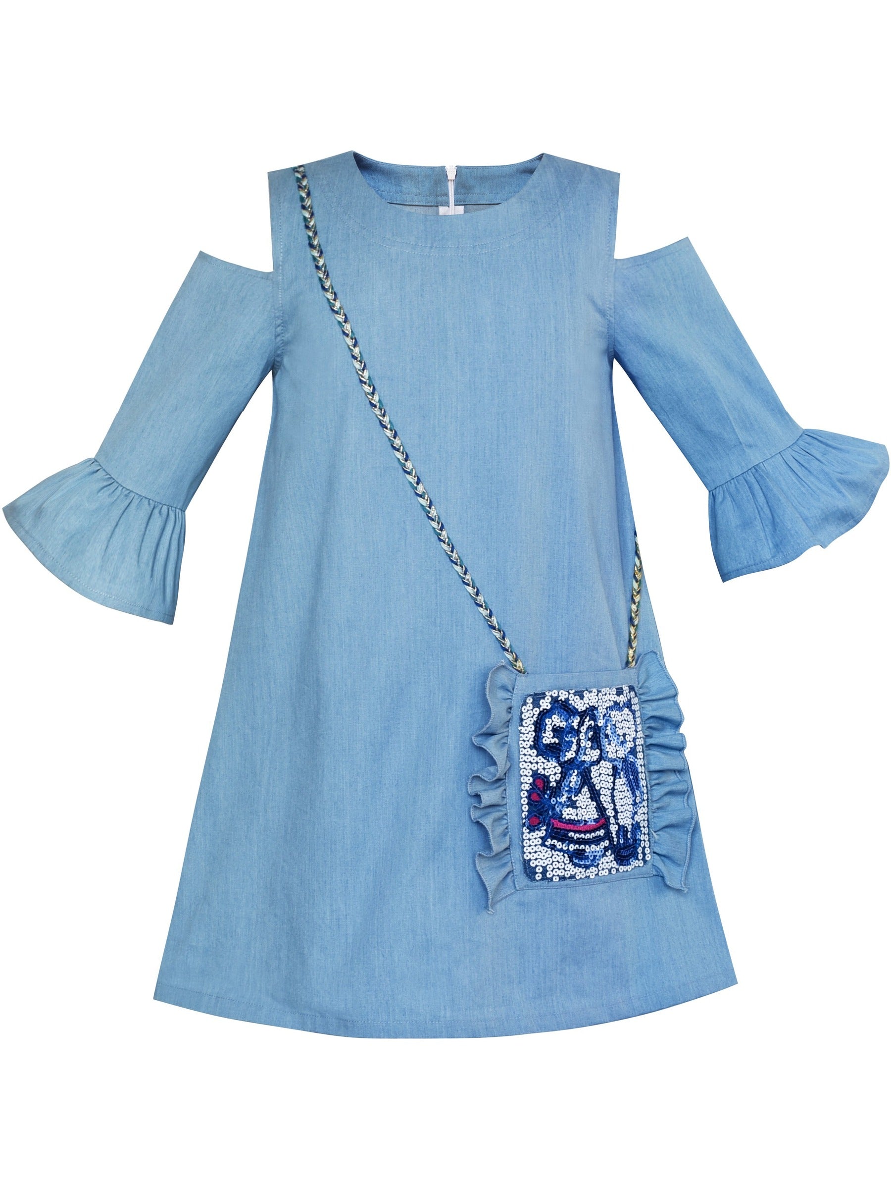 Girls Cold Shoulder Dress Denim Blue Cowboy 3/4 Sleeve Blue