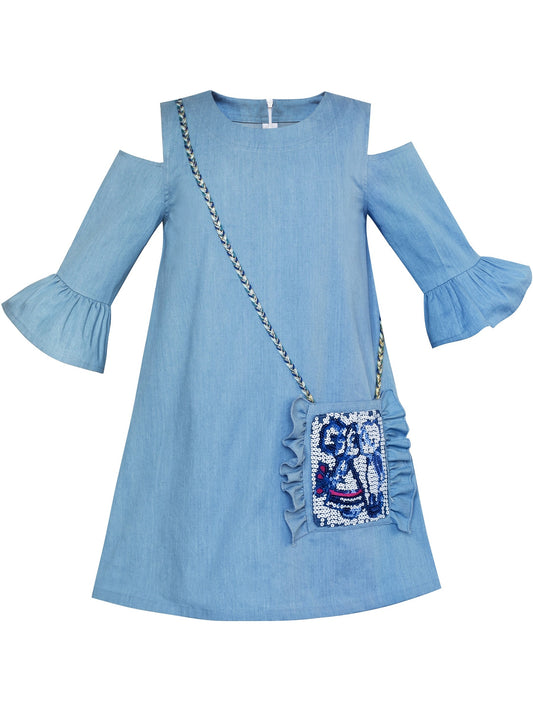 Girls Cold Shoulder Dress Denim Blue Cowboy 3/4 Sleeve Blue
